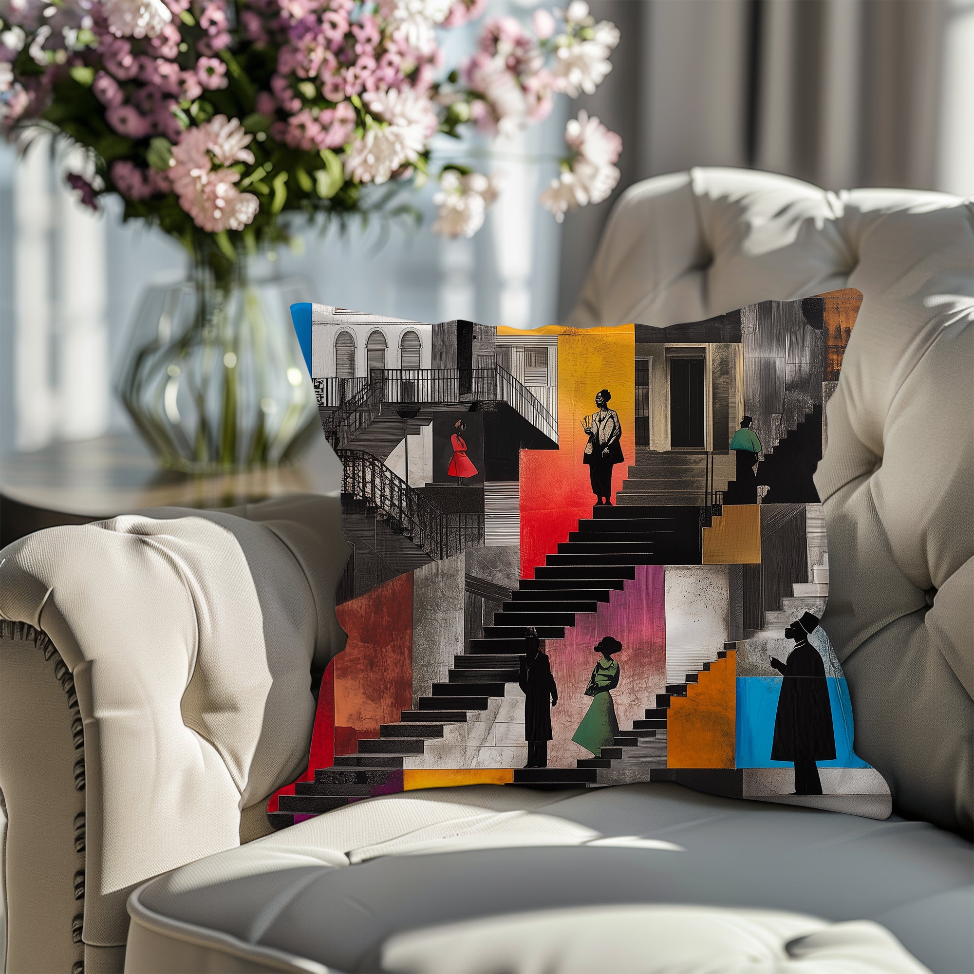 Harlem Neighborhood Faux Suede Square Pillow featuring abstract Black figures sitting on exaggerated brownstone stoops, capturing Harlem life and Afrocentric home style.