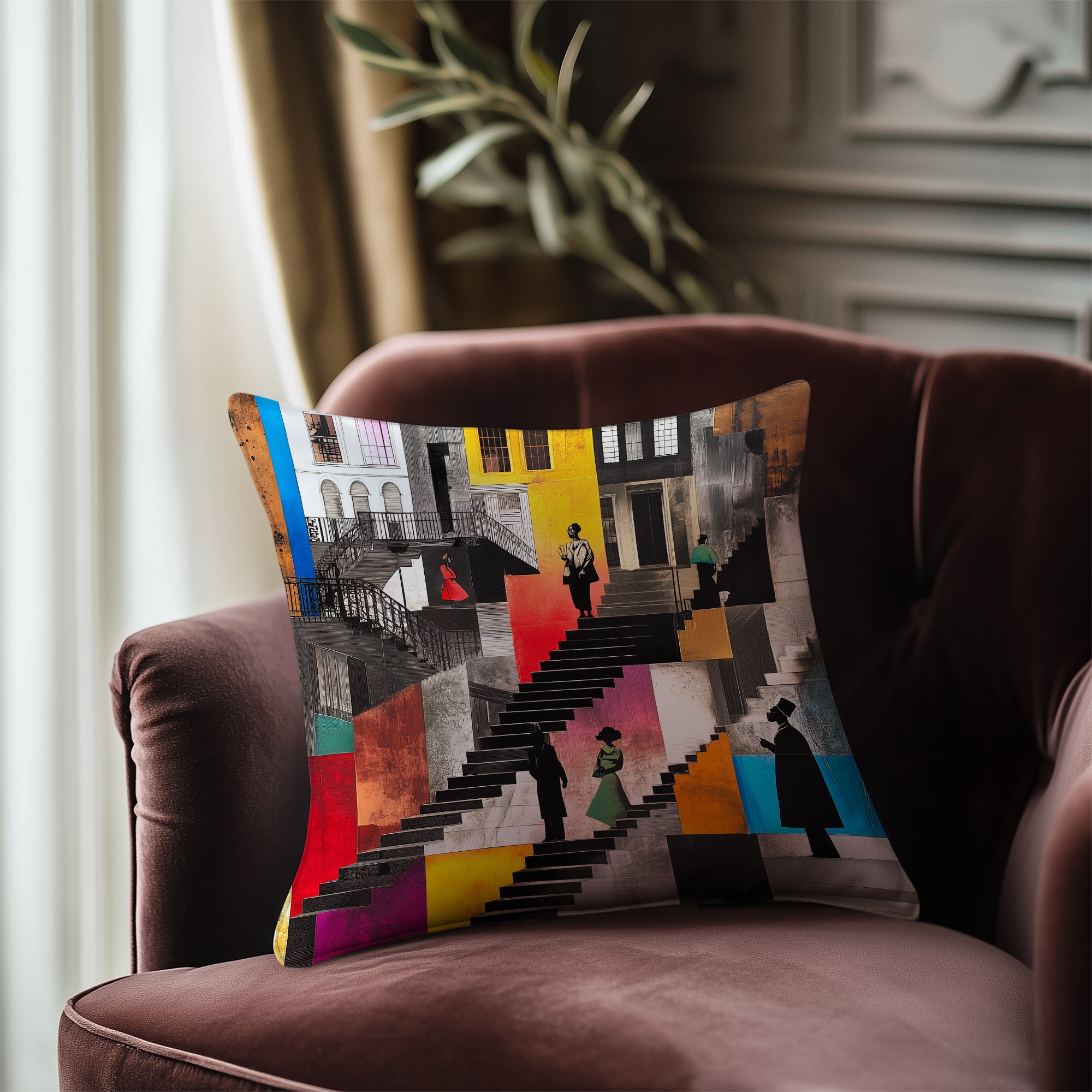 Harlem Neighborhood Faux Suede Square Pillow featuring abstract Black figures sitting on exaggerated brownstone stoops, capturing Harlem life and Afrocentric home style.