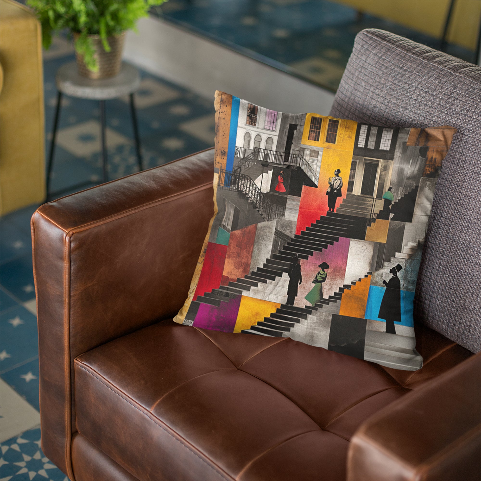 Harlem Neighborhood Faux Suede Square Pillow featuring abstract Black figures sitting on exaggerated brownstone stoops, capturing Harlem life and Afrocentric home style.