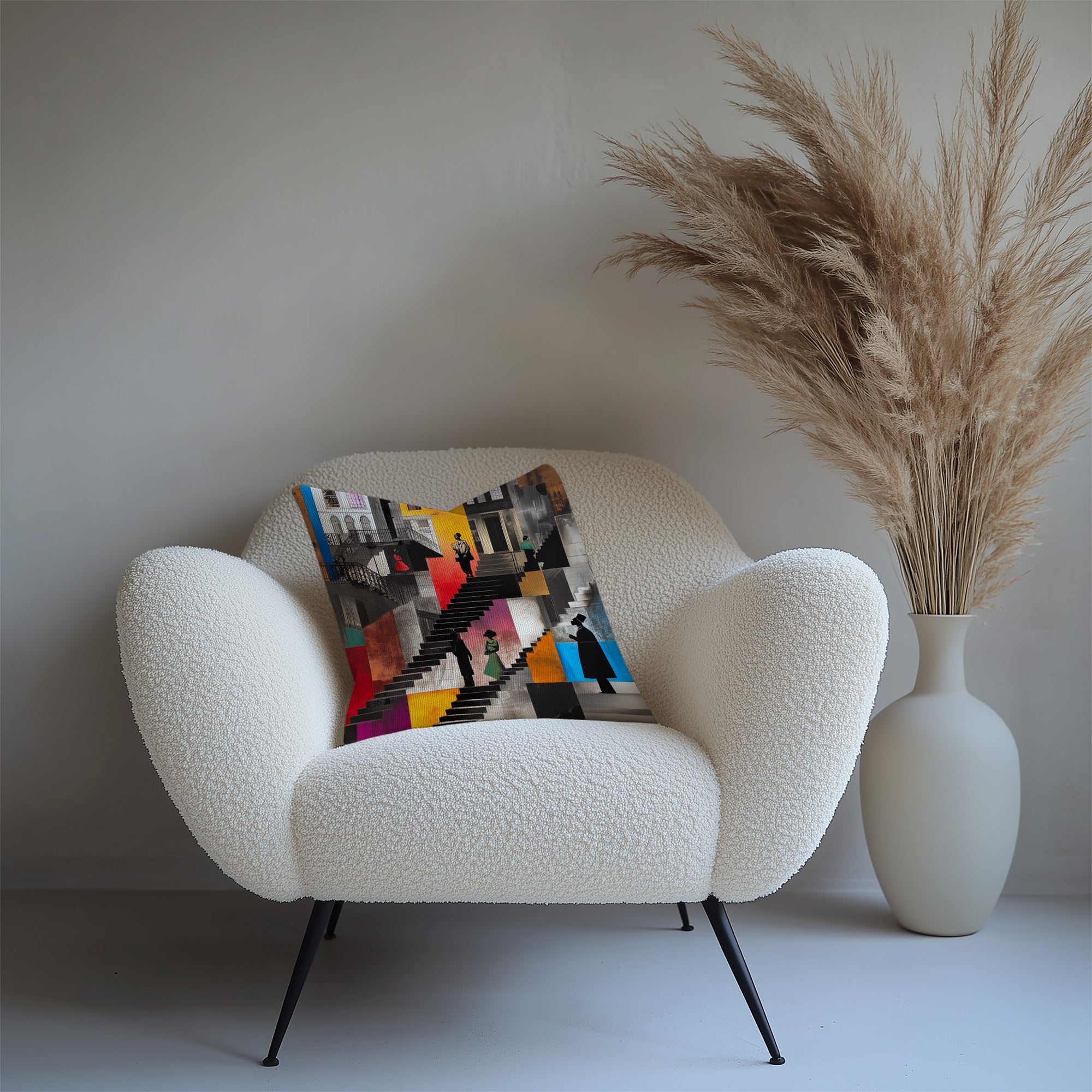 Harlem Neighborhood Faux Suede Square Pillow featuring abstract Black figures sitting on exaggerated brownstone stoops, capturing Harlem life and Afrocentric home style.