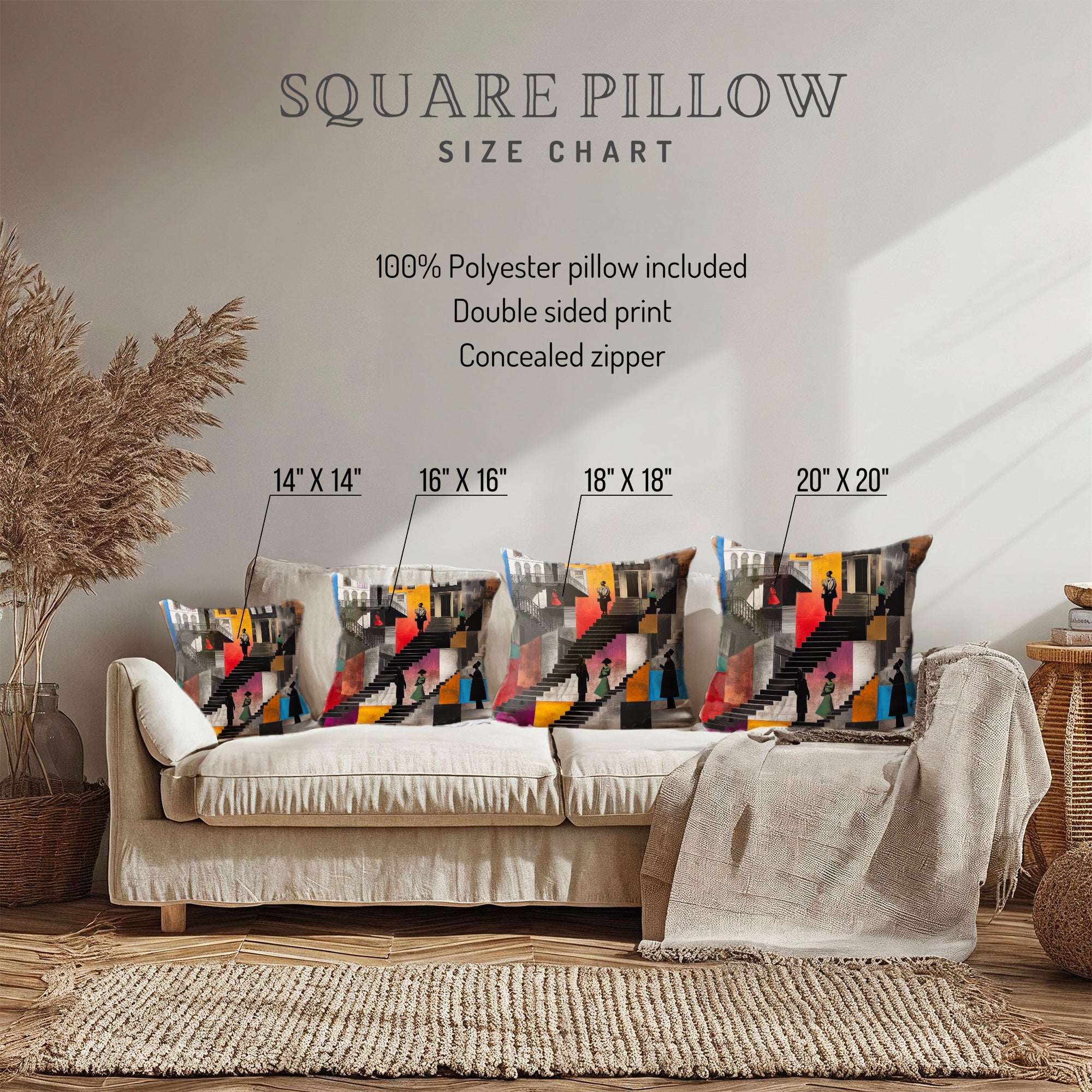 Harlem Neighborhood Faux Suede Square Pillow featuring abstract Black figures sitting on exaggerated brownstone stoops, capturing Harlem life and Afrocentric home style.