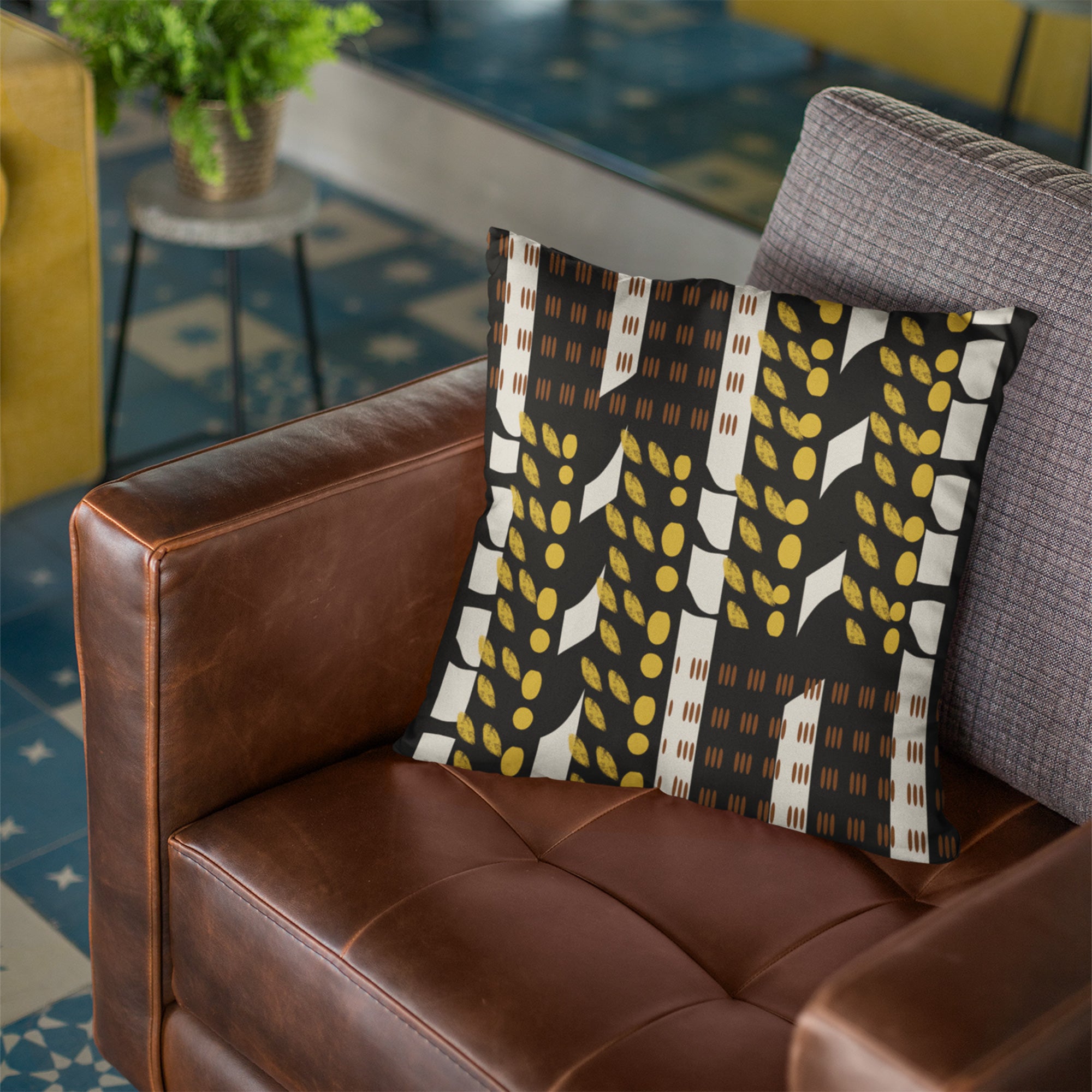 African Mud Cloth Faux Suede Square Pillow with bold geometric tribal patterns in earthy tones. African print sofa pillow featuring Afrocentric design, perfect for modern, bohemian, or culturally inspired home decor.