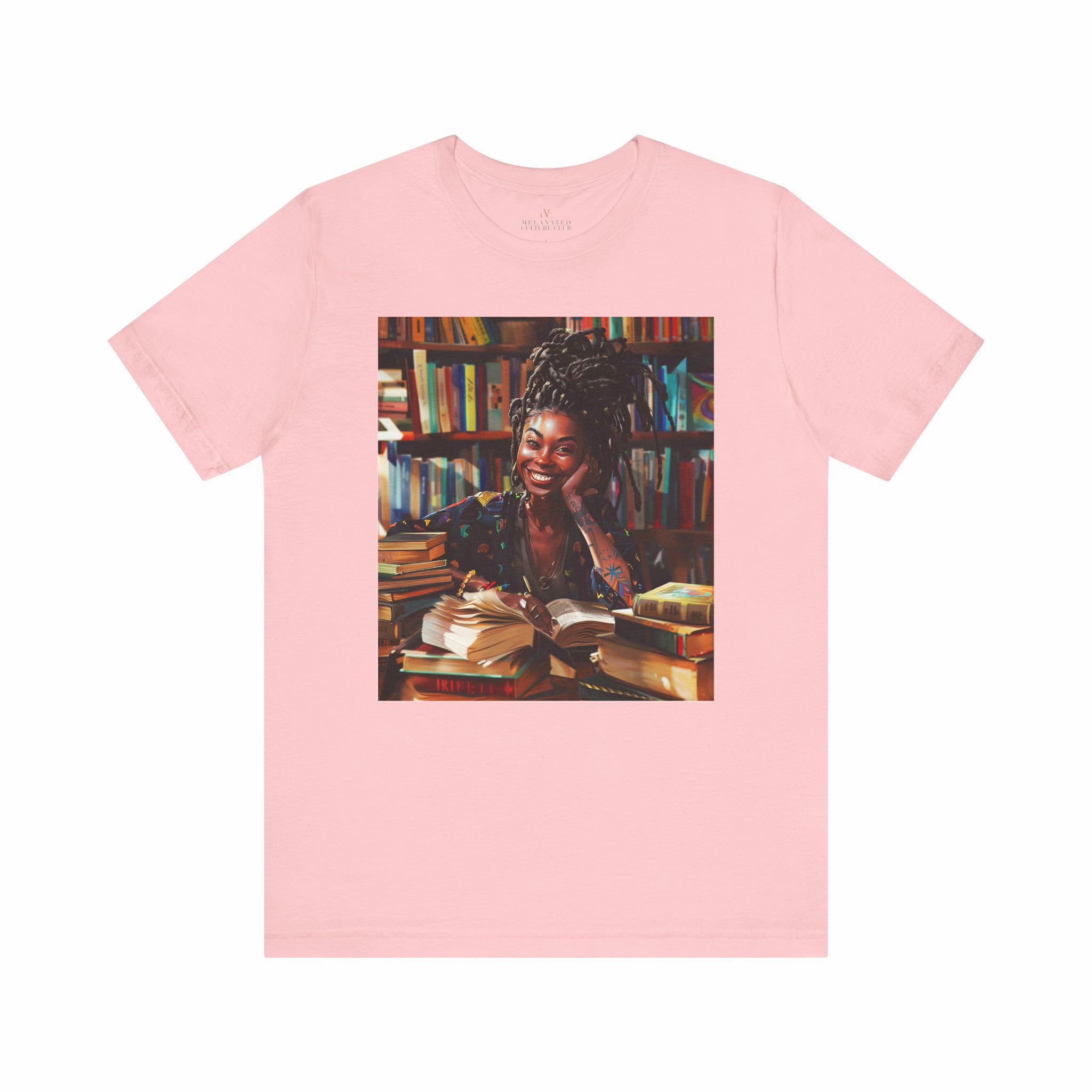 Black Girl Student Tee featuring a happy Black girl with dreadlocks studying in a library, surrounded by books. A stylish and empowering shirt celebrating Black college students and education.