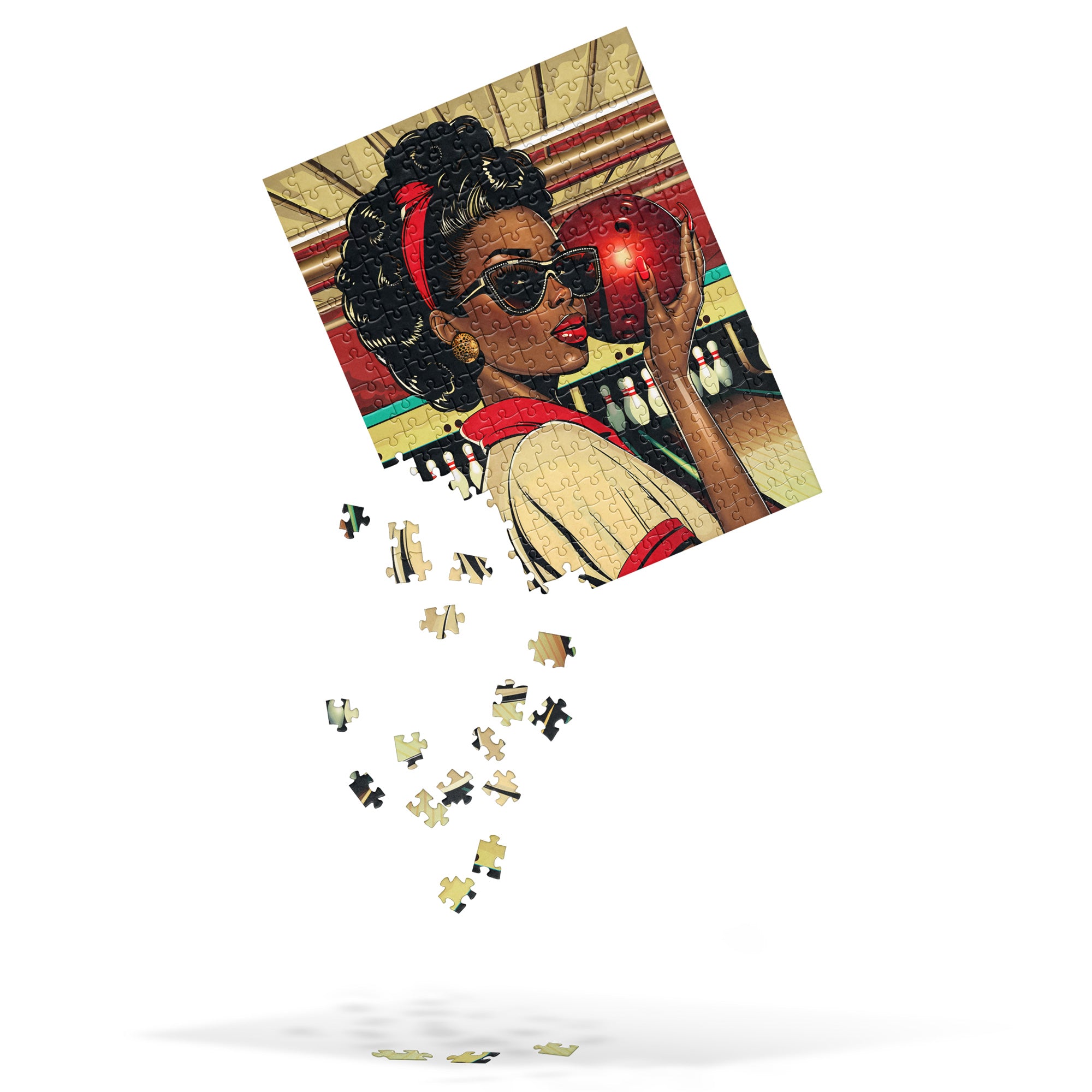 African American Woman Bowling Jigsaw Puzzle featuring a Black woman in a retro, pop art-inspired design. A vibrant Afrocentric sports puzzle celebrating team spirit, vintage aesthetics, and Black culture.