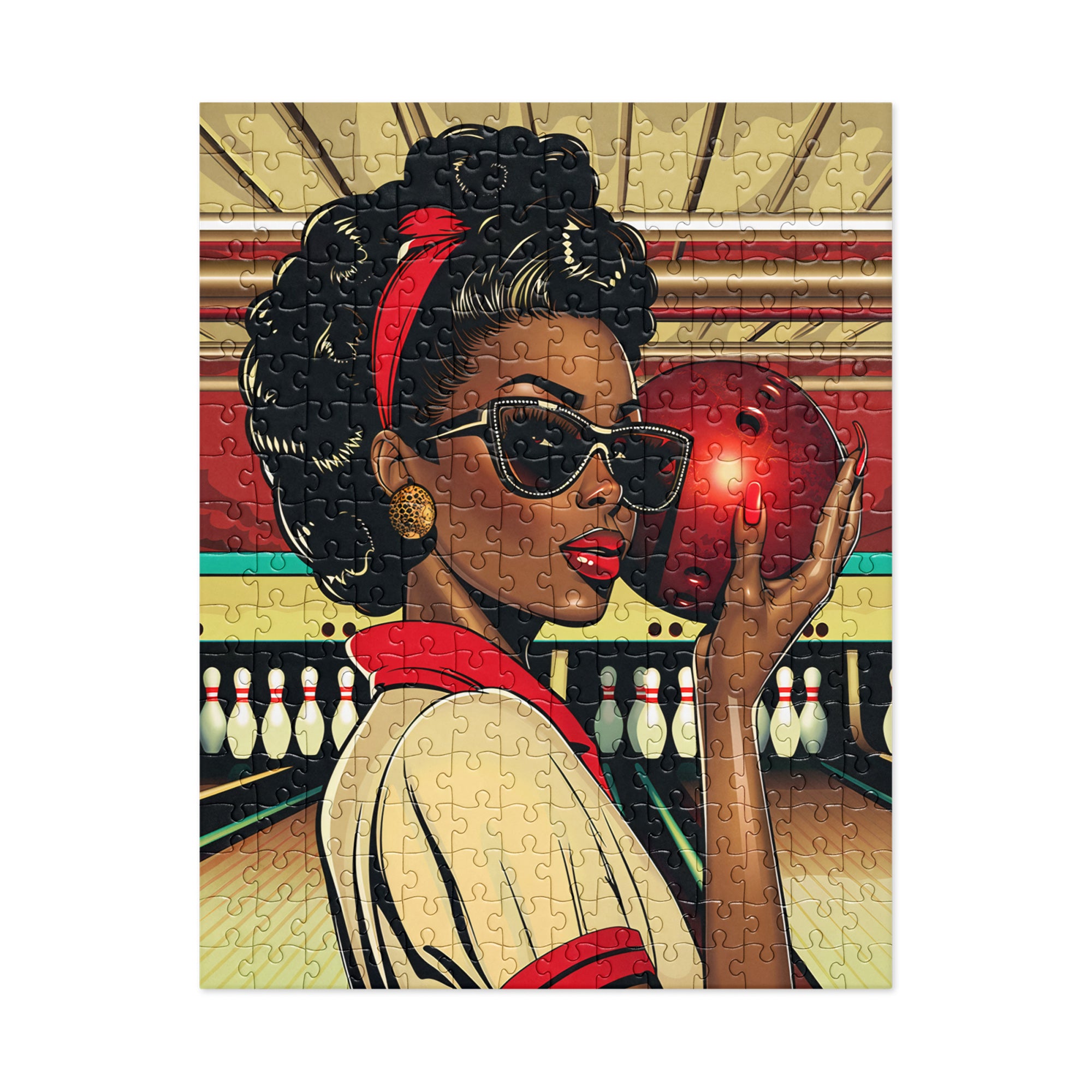 African American Woman Bowling Jigsaw Puzzle featuring a Black woman in a retro, pop art-inspired design. A vibrant Afrocentric sports puzzle celebrating team spirit, vintage aesthetics, and Black culture.