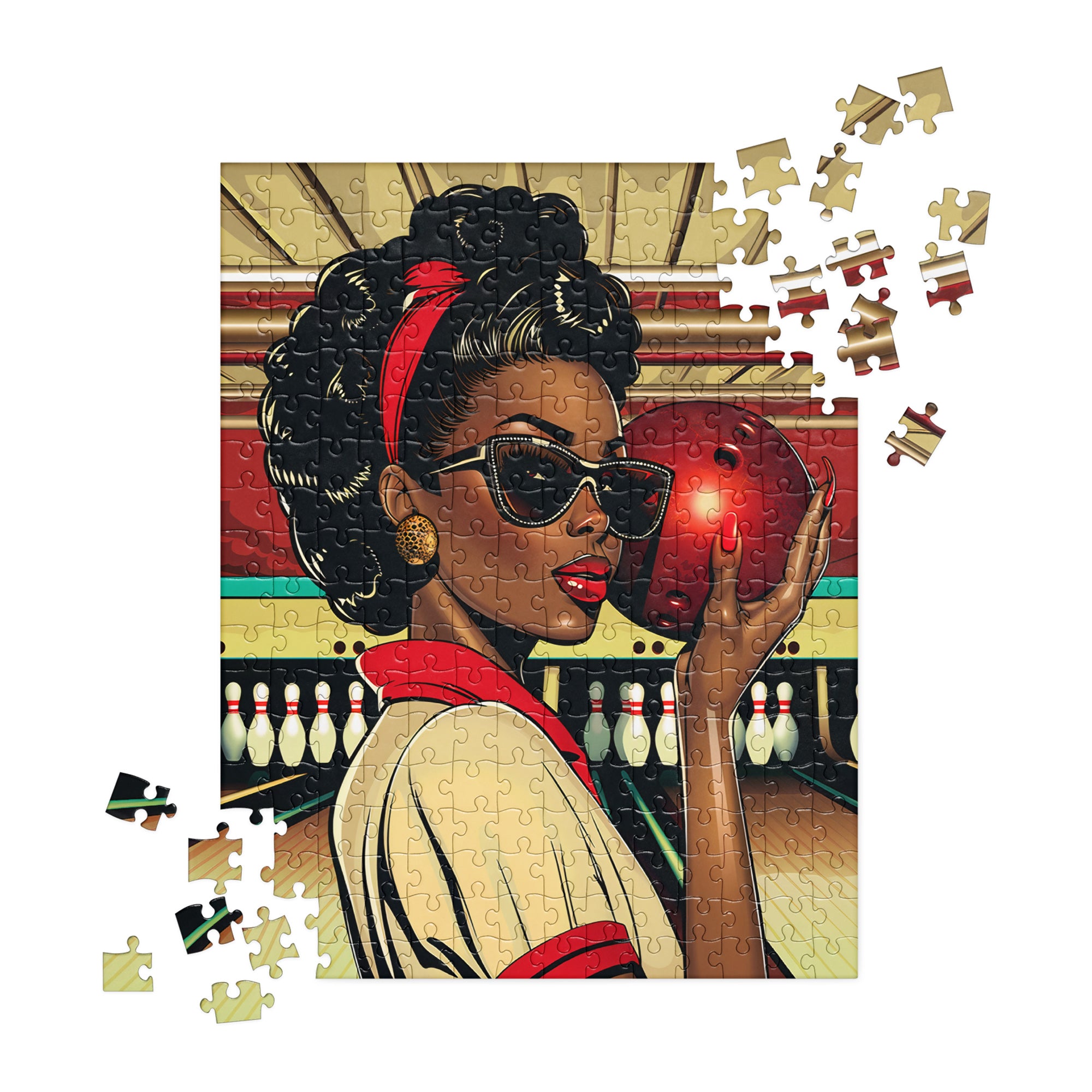 African American Woman Bowling Jigsaw Puzzle featuring a Black woman in a retro, pop art-inspired design. A vibrant Afrocentric sports puzzle celebrating team spirit, vintage aesthetics, and Black culture.
