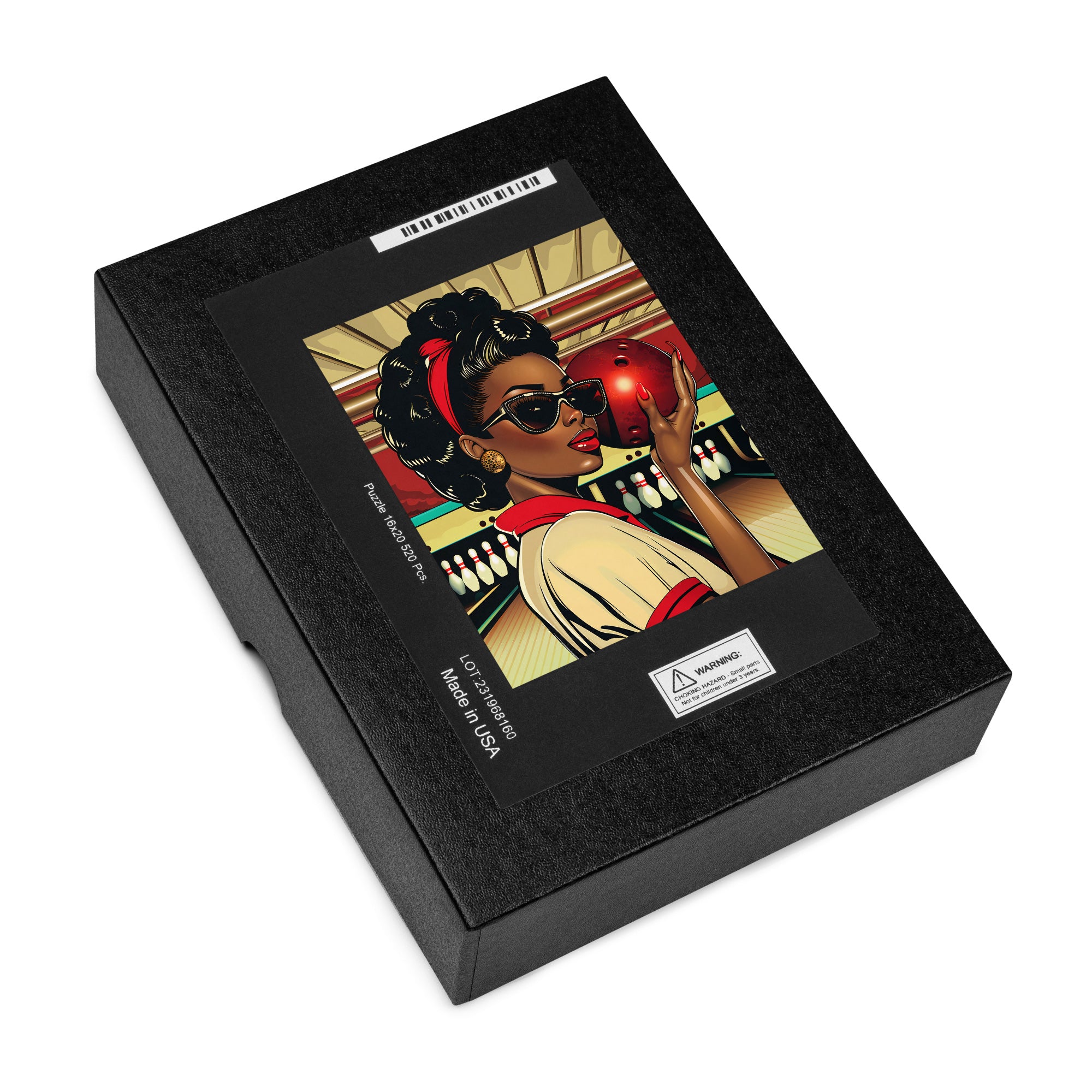 African American Woman Bowling Jigsaw Puzzle featuring a Black woman in a retro, pop art-inspired design. A vibrant Afrocentric sports puzzle celebrating team spirit, vintage aesthetics, and Black culture.