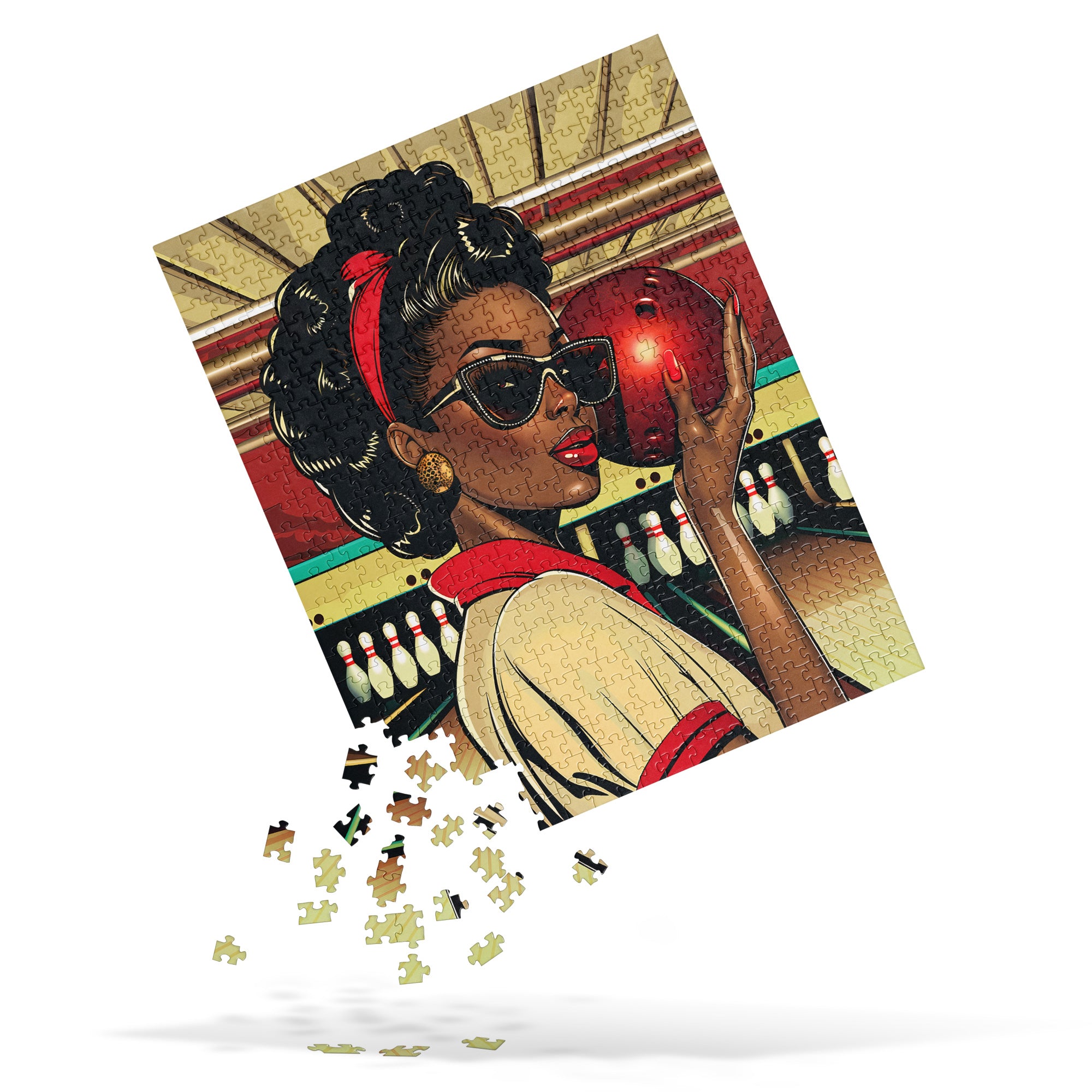 African American Woman Bowling Jigsaw Puzzle featuring a Black woman in a retro, pop art-inspired design. A vibrant Afrocentric sports puzzle celebrating team spirit, vintage aesthetics, and Black culture.