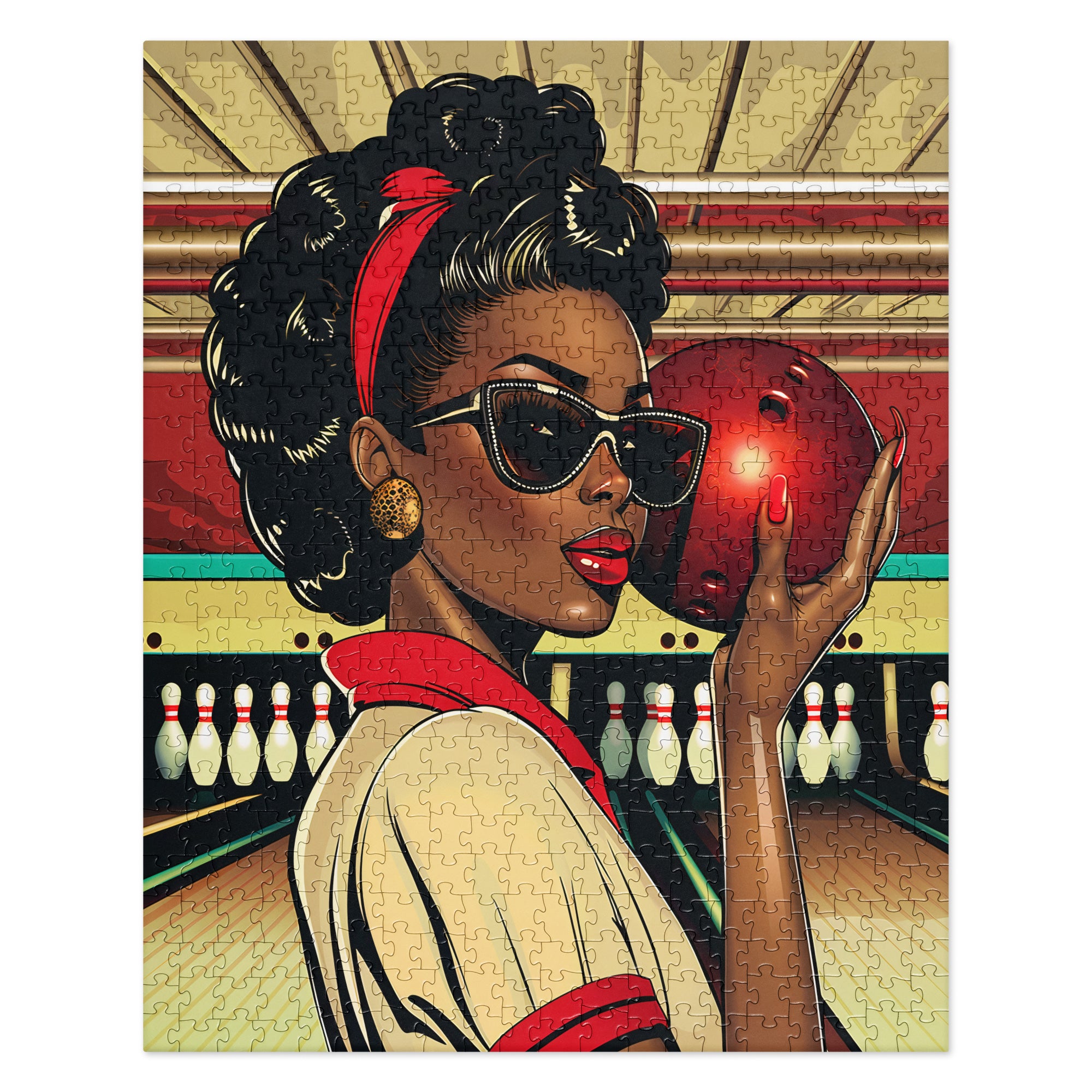 African American Woman Bowling Jigsaw Puzzle featuring a Black woman in a retro, pop art-inspired design. A vibrant Afrocentric sports puzzle celebrating team spirit, vintage aesthetics, and Black culture.