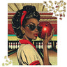 African American Woman Bowling Jigsaw Puzzle featuring a Black woman in a retro, pop art-inspired design. A vibrant Afrocentric sports puzzle celebrating team spirit, vintage aesthetics, and Black culture.