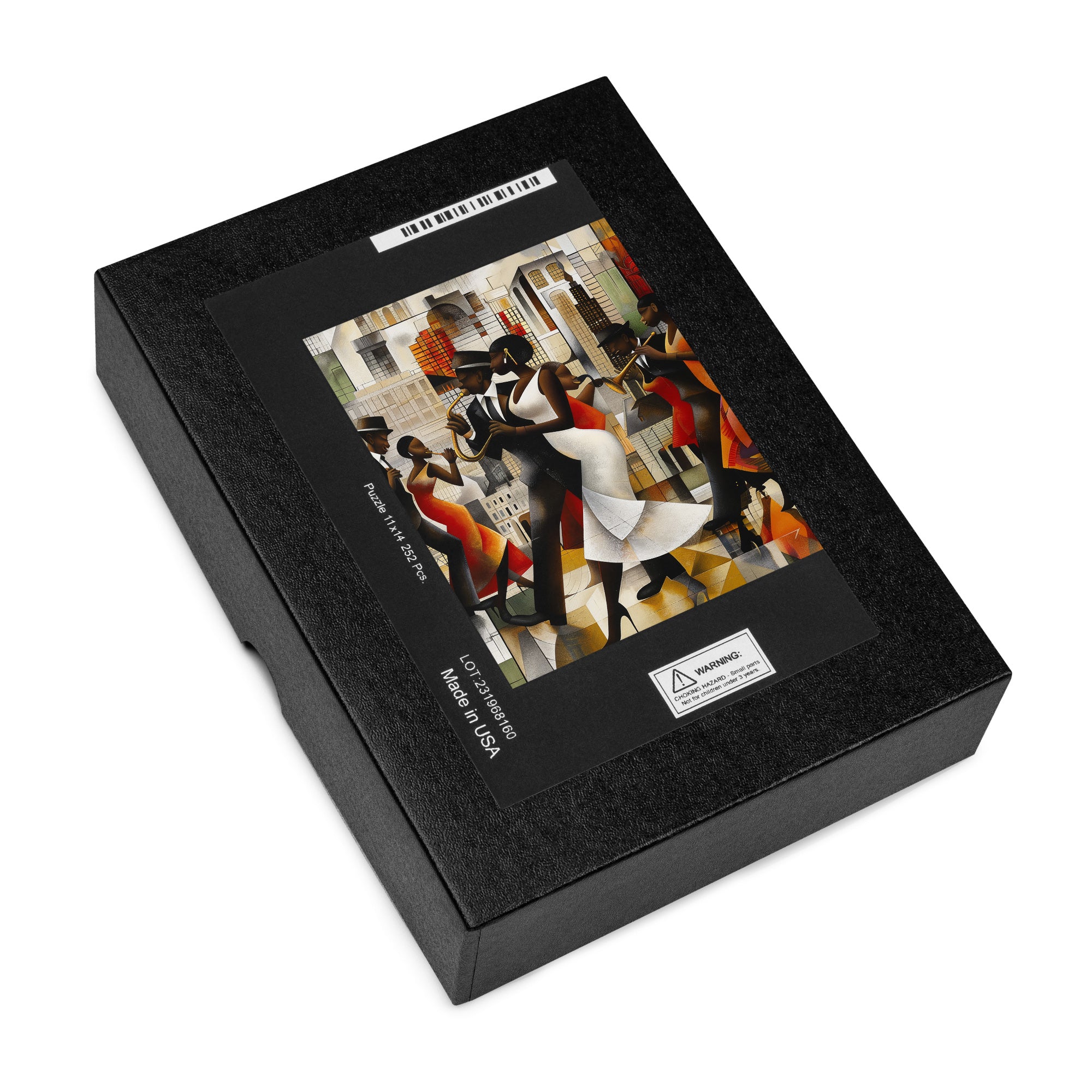 Harlem Jazz Musicians and Dancers Jigsaw Puzzle featuring vibrant retro-inspired artwork of African American musicians and dancers celebrating the Harlem Renaissance.