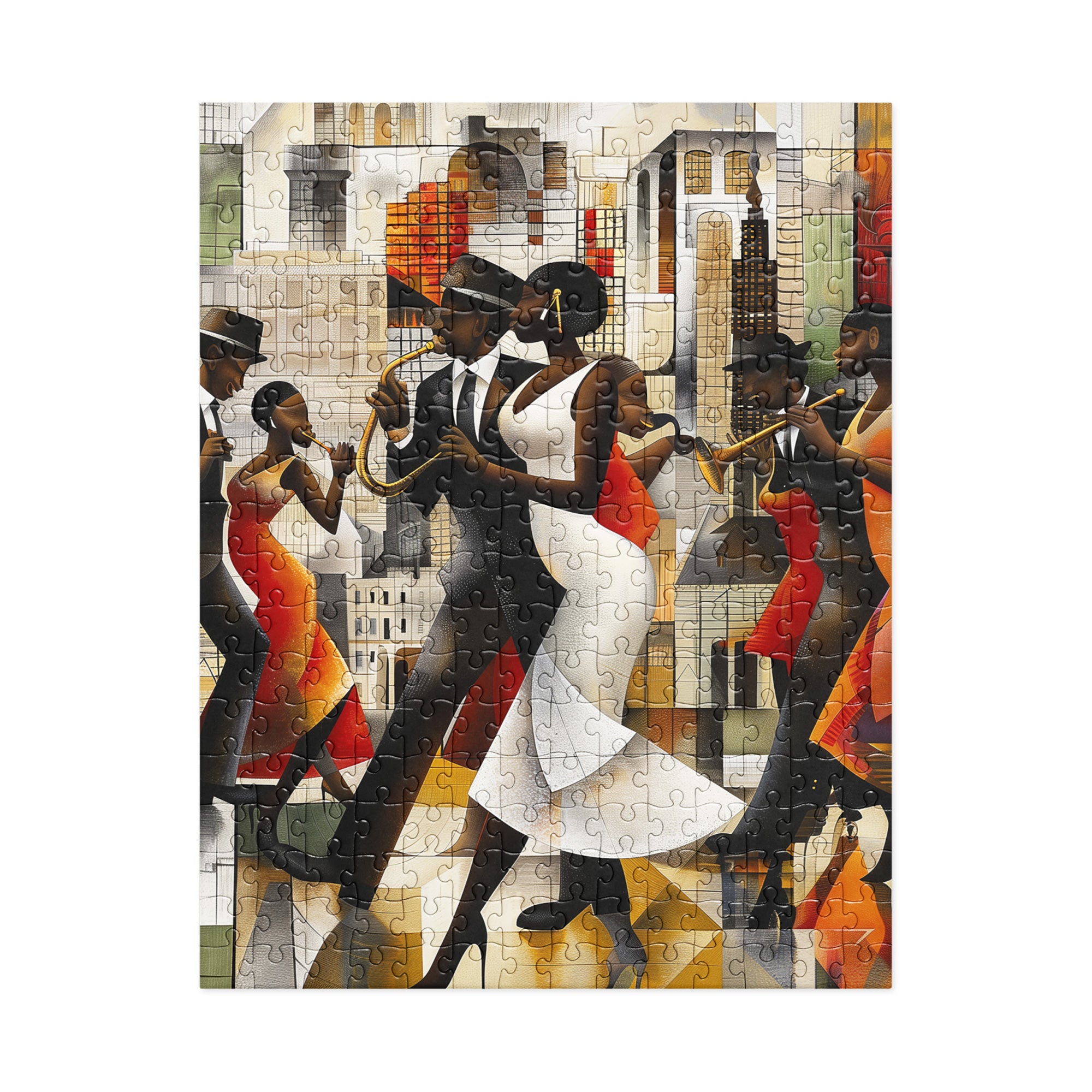 Harlem Jazz Musicians and Dancers Jigsaw Puzzle featuring vibrant retro-inspired artwork of African American musicians and dancers celebrating the Harlem Renaissance.