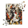 Harlem Jazz Musicians and Dancers Jigsaw Puzzle featuring vibrant retro-inspired artwork of African American musicians and dancers celebrating the Harlem Renaissance.