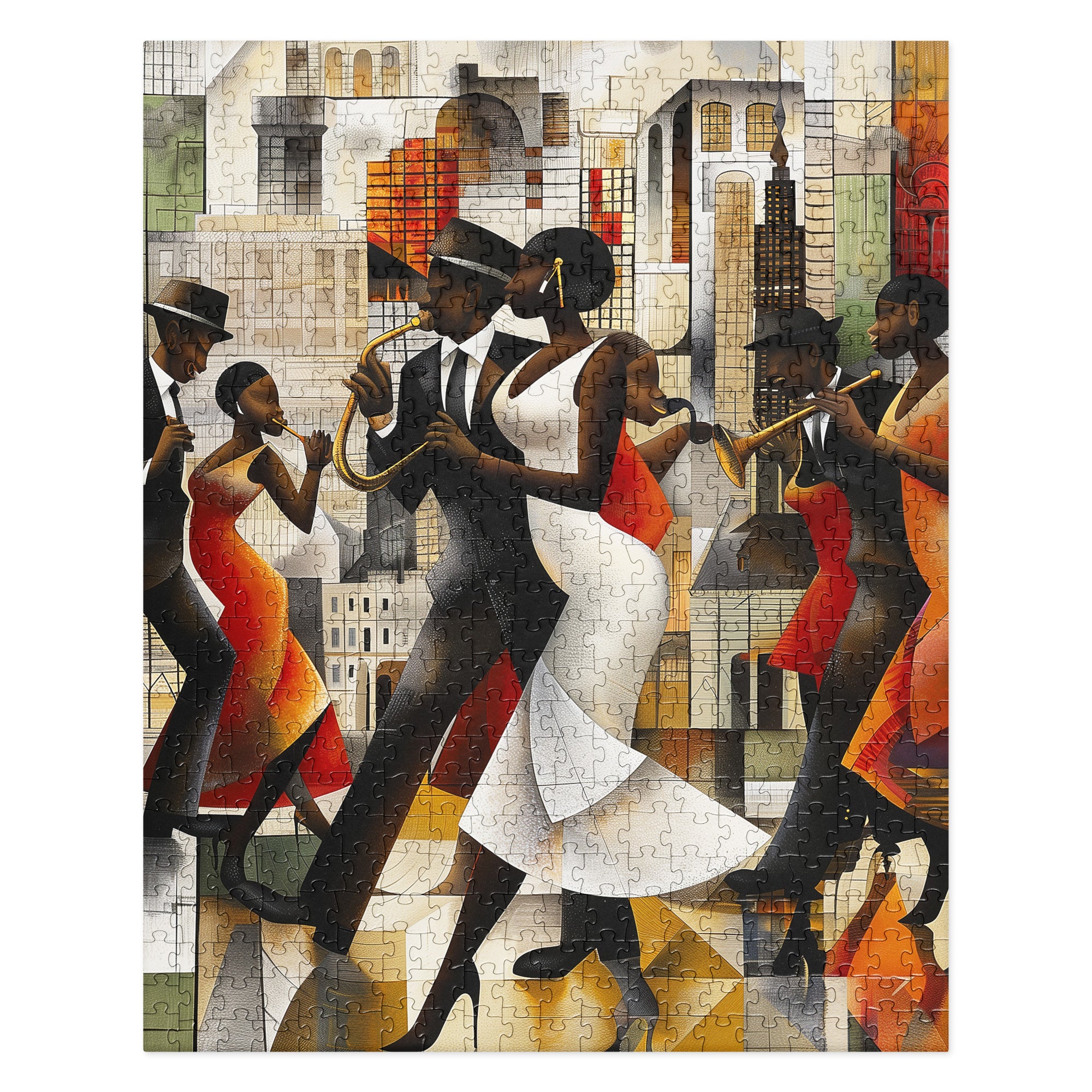 Harlem Jazz Musicians and Dancers Jigsaw Puzzle featuring vibrant retro-inspired artwork of African American musicians and dancers celebrating the Harlem Renaissance.