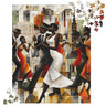 Harlem Jazz Musicians and Dancers Jigsaw Puzzle featuring vibrant retro-inspired artwork of African American musicians and dancers celebrating the Harlem Renaissance.