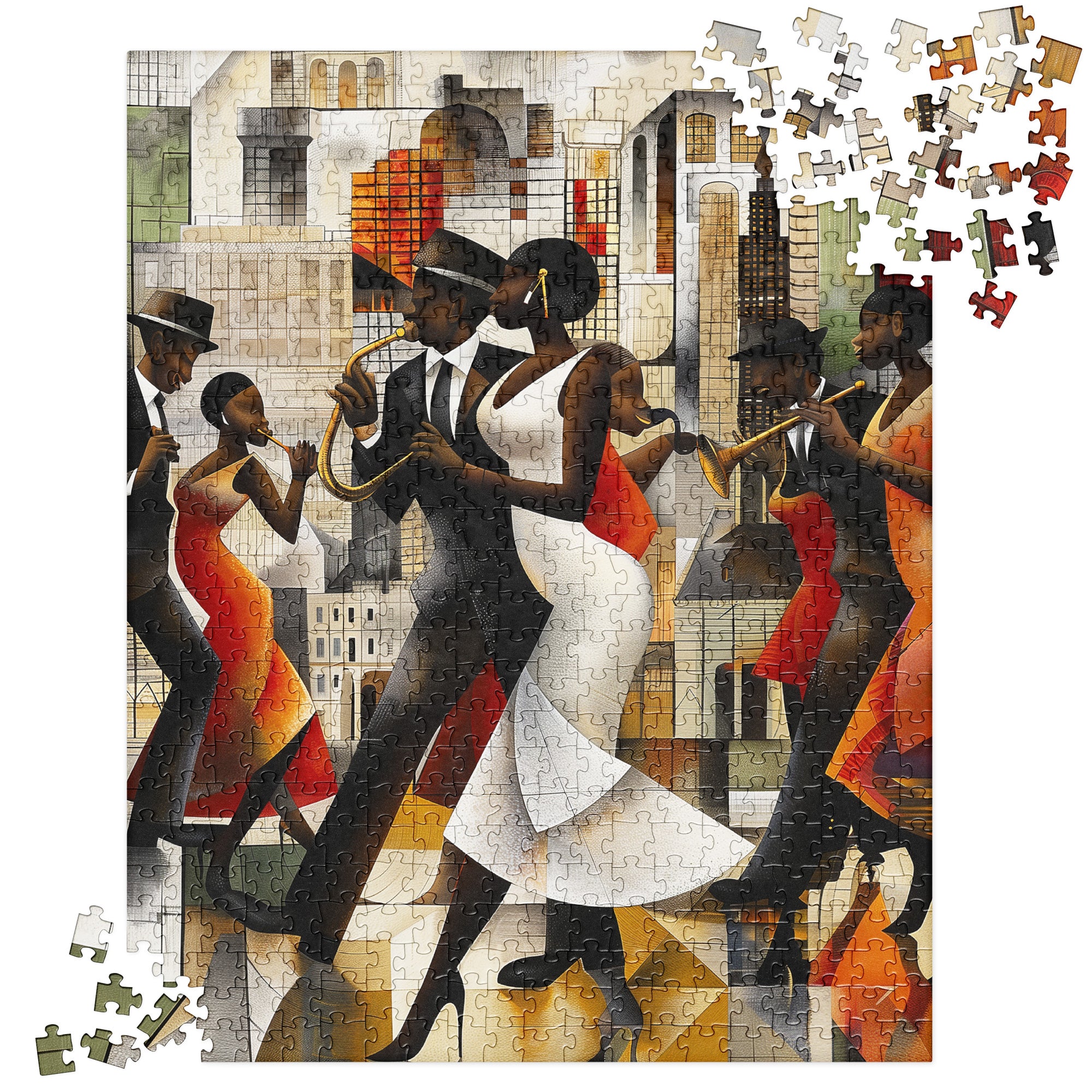 Harlem Jazz Musicians and Dancers Jigsaw Puzzle featuring vibrant retro-inspired artwork of African American musicians and dancers celebrating the Harlem Renaissance.