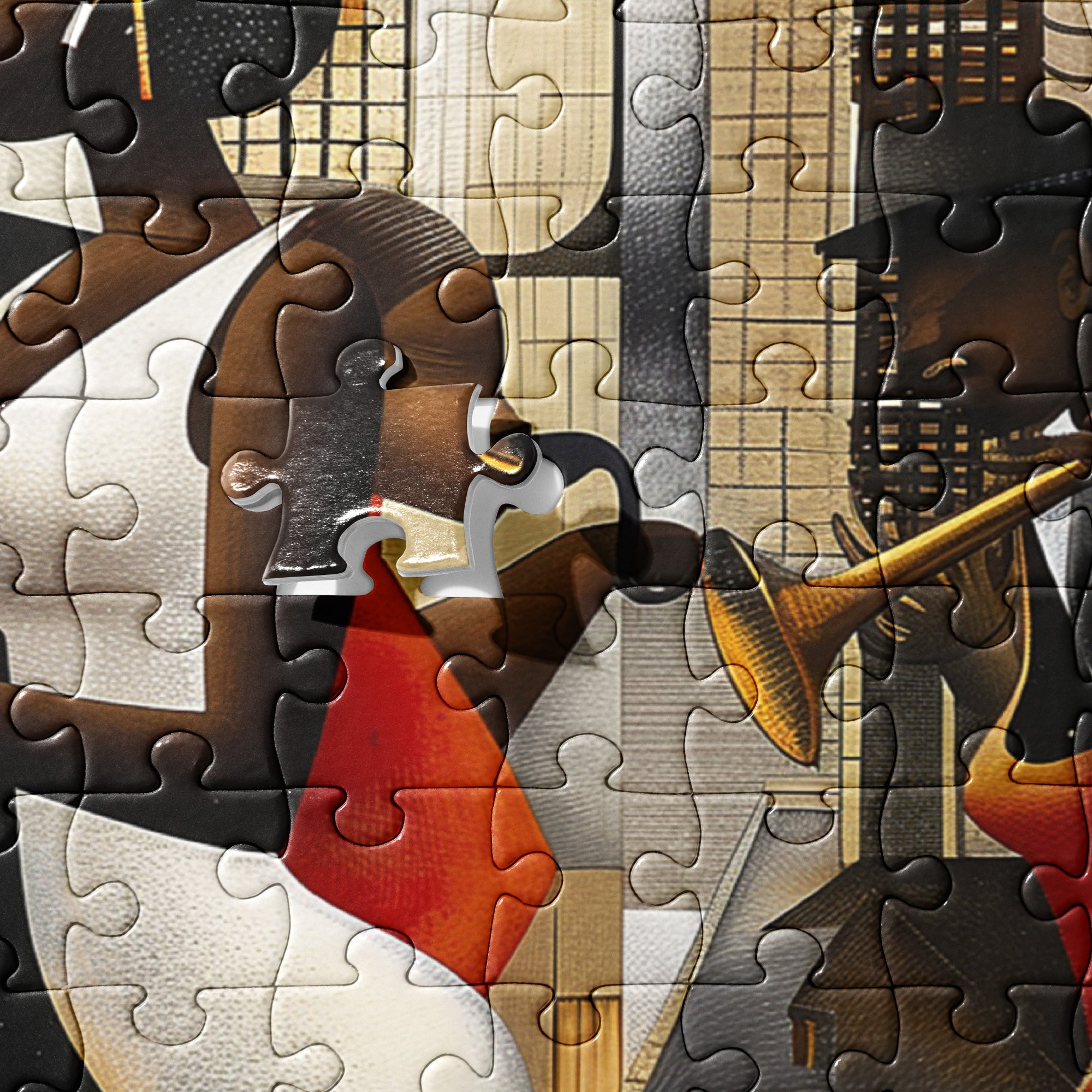 Harlem Jazz Musicians and Dancers Jigsaw Puzzle featuring vibrant retro-inspired artwork of African American musicians and dancers celebrating the Harlem Renaissance.