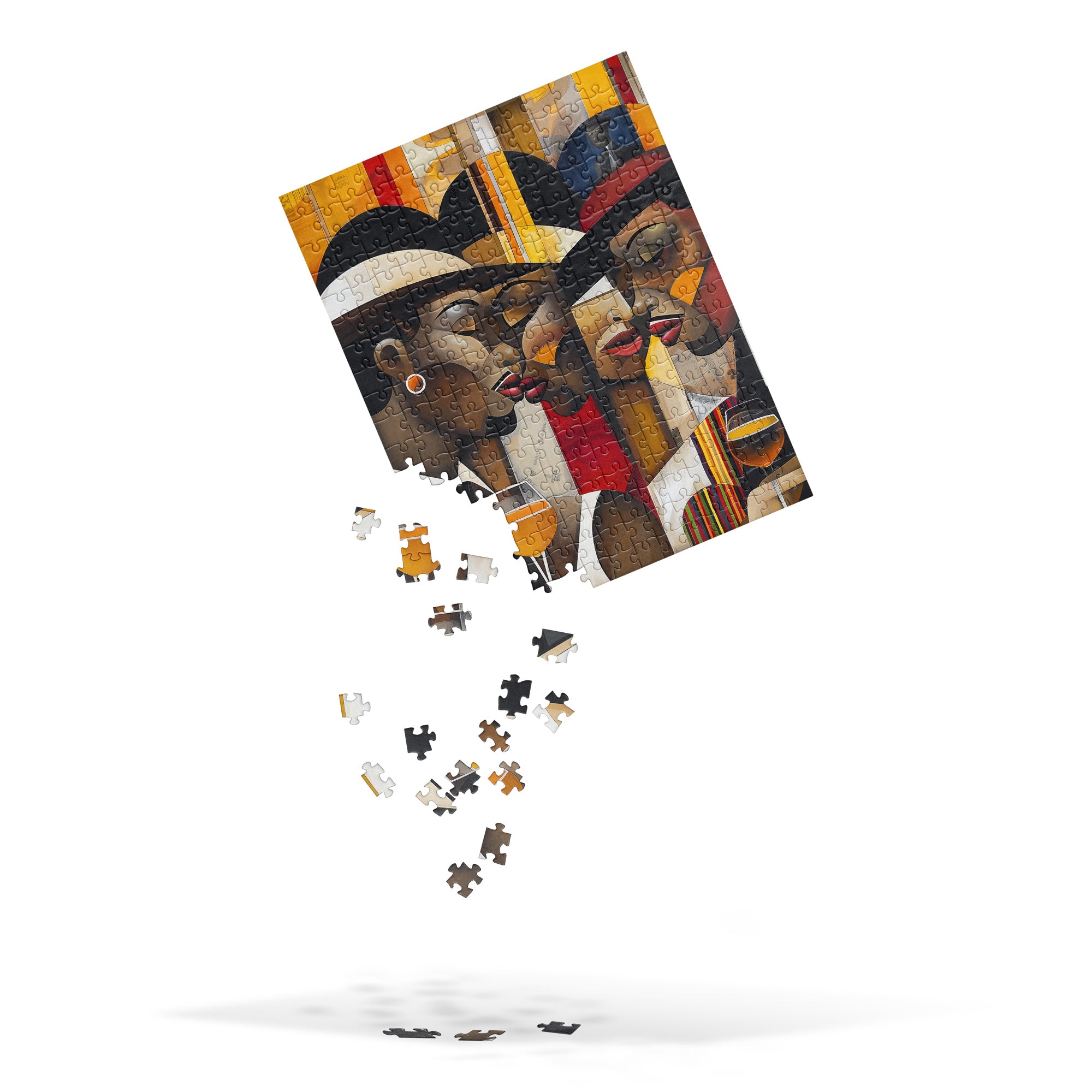 Harlem Ladies and Gents Jigsaw Puzzle featuring African American couples in elegant vintage attire, sipping wine in a stylish nightclub with an art deco design. A celebration of Harlem Renaissance culture, jazz, and timeless Black excellence.