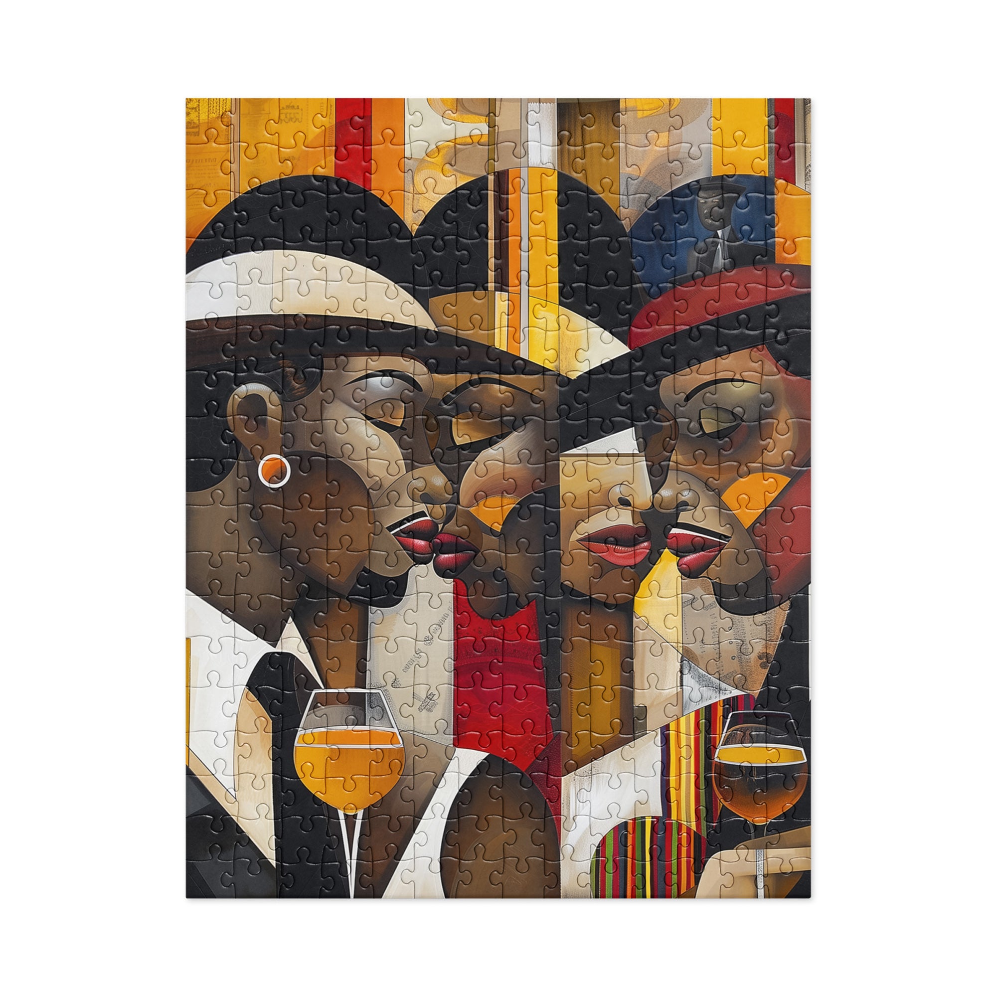 Harlem Ladies and Gents Jigsaw Puzzle featuring African American couples in elegant vintage attire, sipping wine in a stylish nightclub with an art deco design. A celebration of Harlem Renaissance culture, jazz, and timeless Black excellence.