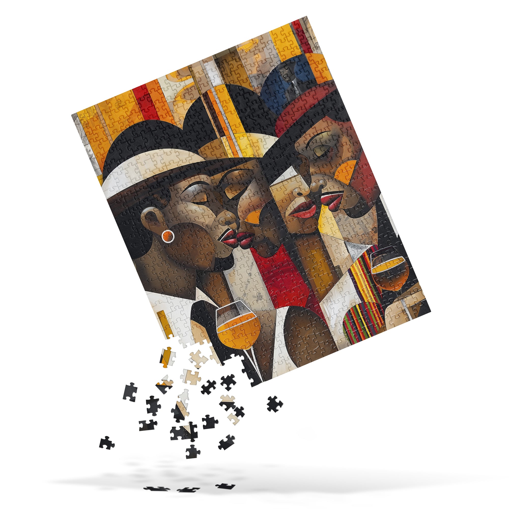 Harlem Ladies and Gents Jigsaw Puzzle featuring African American couples in elegant vintage attire, sipping wine in a stylish nightclub with an art deco design. A celebration of Harlem Renaissance culture, jazz, and timeless Black excellence.