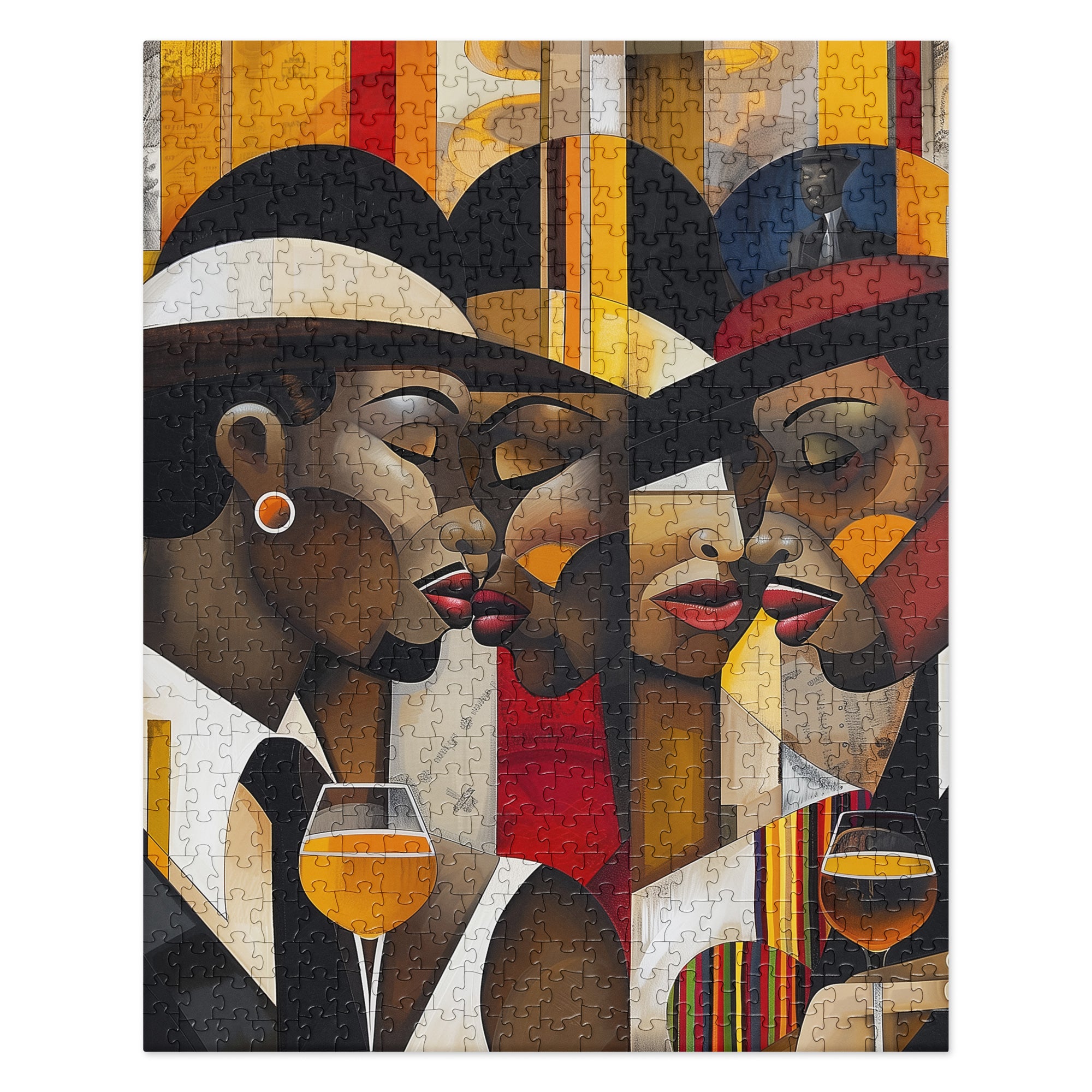 Harlem Ladies and Gents Jigsaw Puzzle featuring African American couples in elegant vintage attire, sipping wine in a stylish nightclub with an art deco design. A celebration of Harlem Renaissance culture, jazz, and timeless Black excellence.
