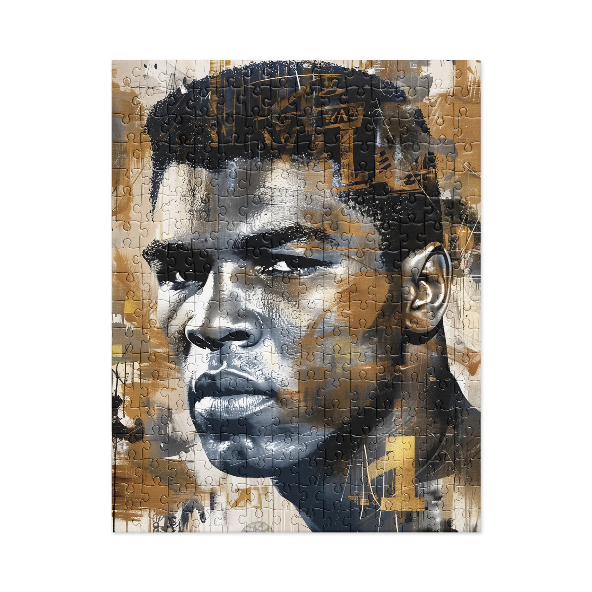 Muhammad Ali Jigsaw Puzzle featuring Afrocentric artwork of the legendary heavyweight boxing champion, known as the G.O.A.T., in a bold and inspiring design.