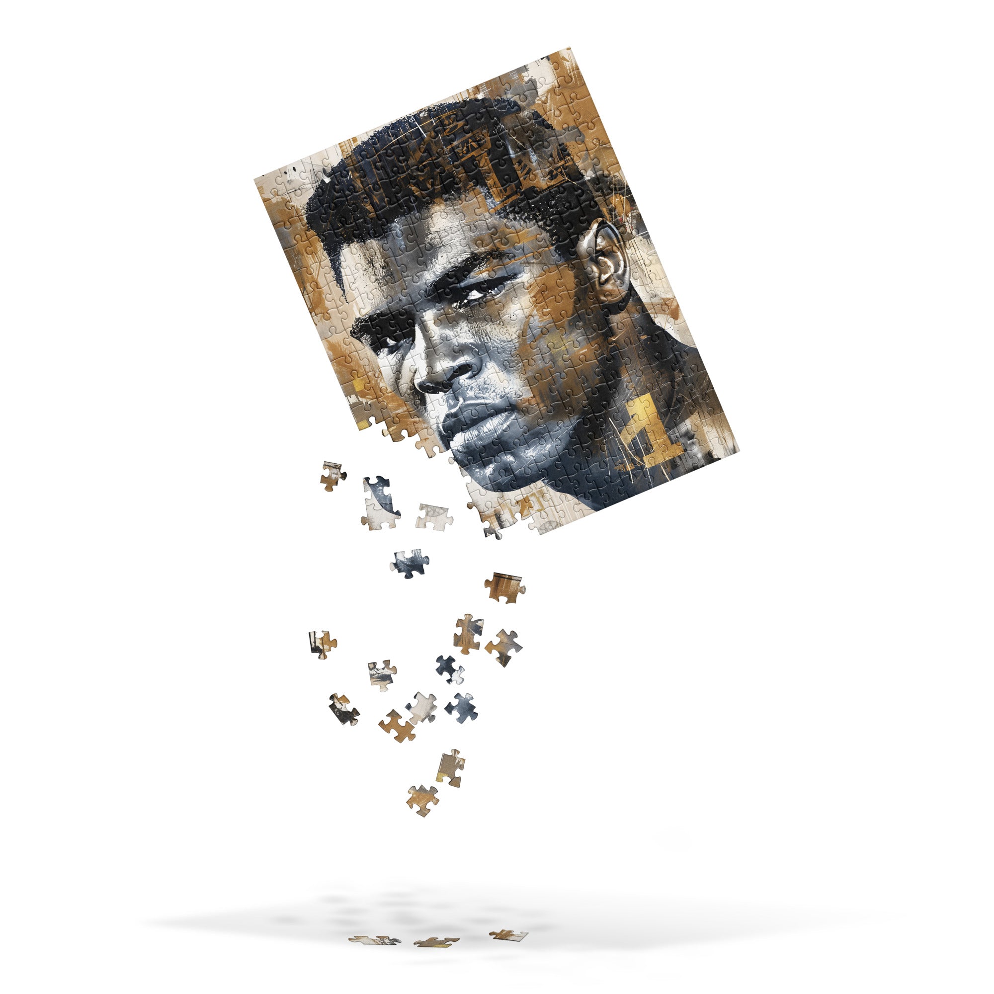 Muhammad Ali Jigsaw Puzzle featuring Afrocentric artwork of the legendary heavyweight boxing champion, known as the G.O.A.T., in a bold and inspiring design.