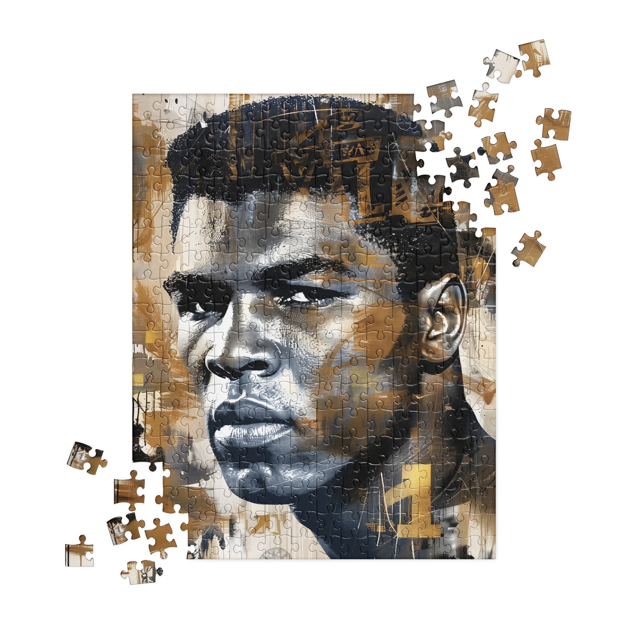 Muhammad Ali Jigsaw Puzzle featuring Afrocentric artwork of the legendary heavyweight boxing champion, known as the G.O.A.T., in a bold and inspiring design.
