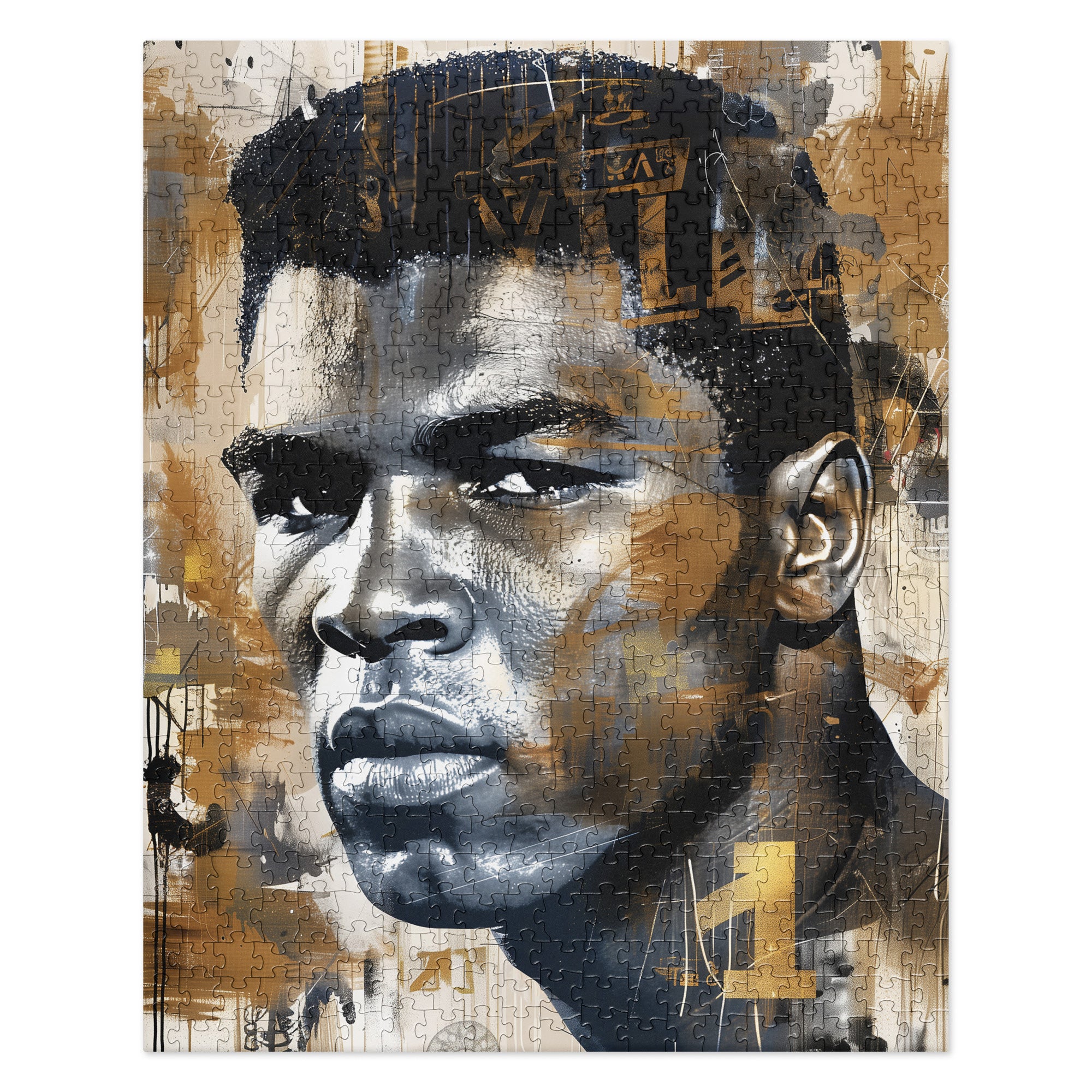 Muhammad Ali Jigsaw Puzzle featuring Afrocentric artwork of the legendary heavyweight boxing champion, known as the G.O.A.T., in a bold and inspiring design.