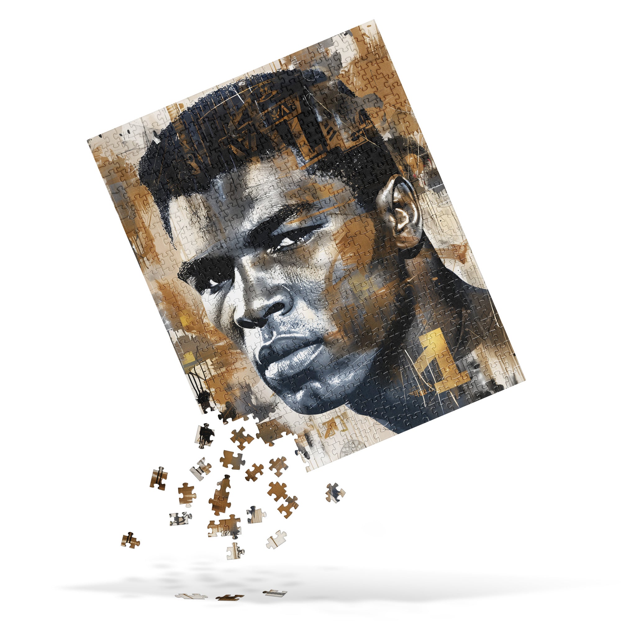 Muhammad Ali Jigsaw Puzzle featuring Afrocentric artwork of the legendary heavyweight boxing champion, known as the G.O.A.T., in a bold and inspiring design.
