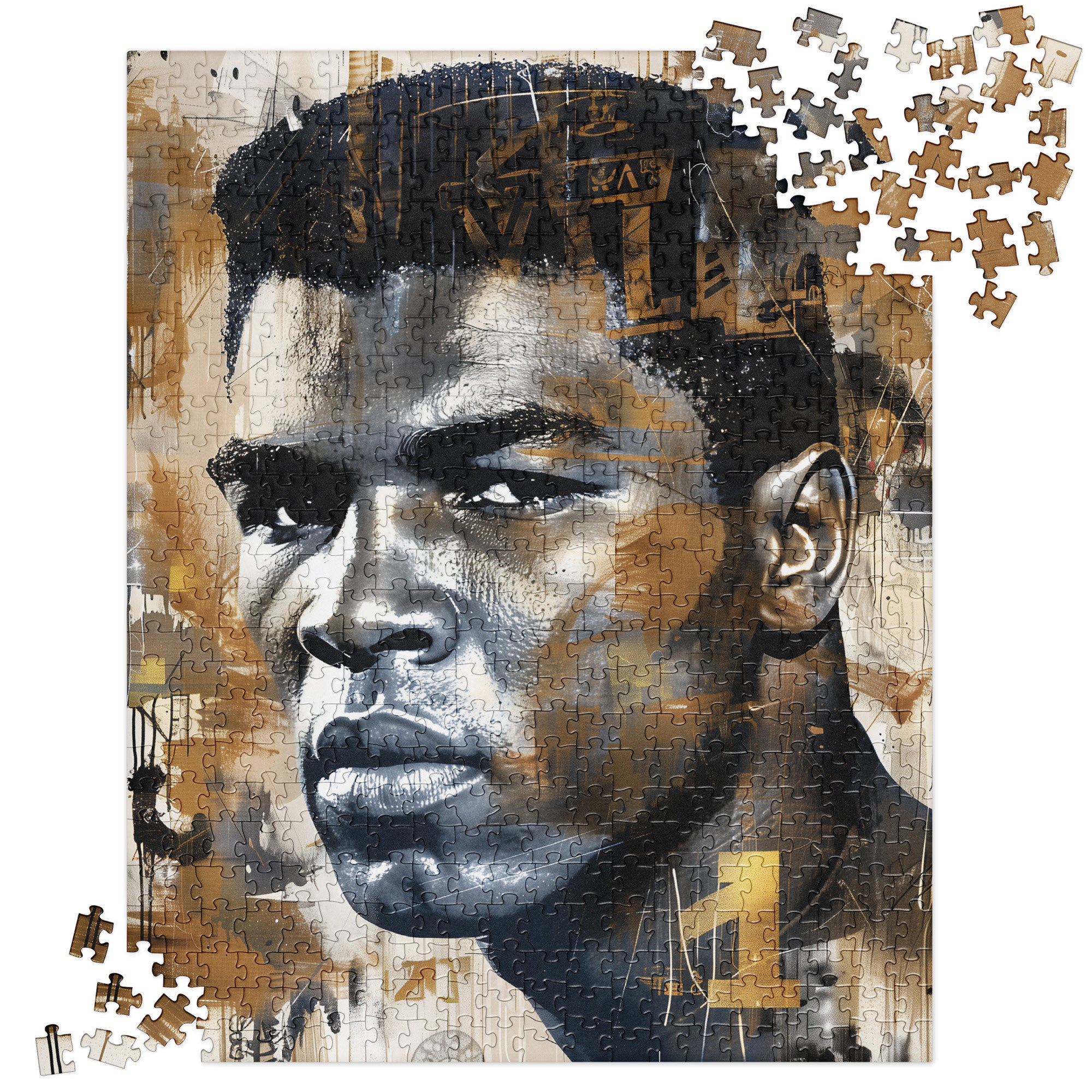 Muhammad Ali Jigsaw Puzzle featuring Afrocentric artwork of the legendary heavyweight boxing champion, known as the G.O.A.T., in a bold and inspiring design.