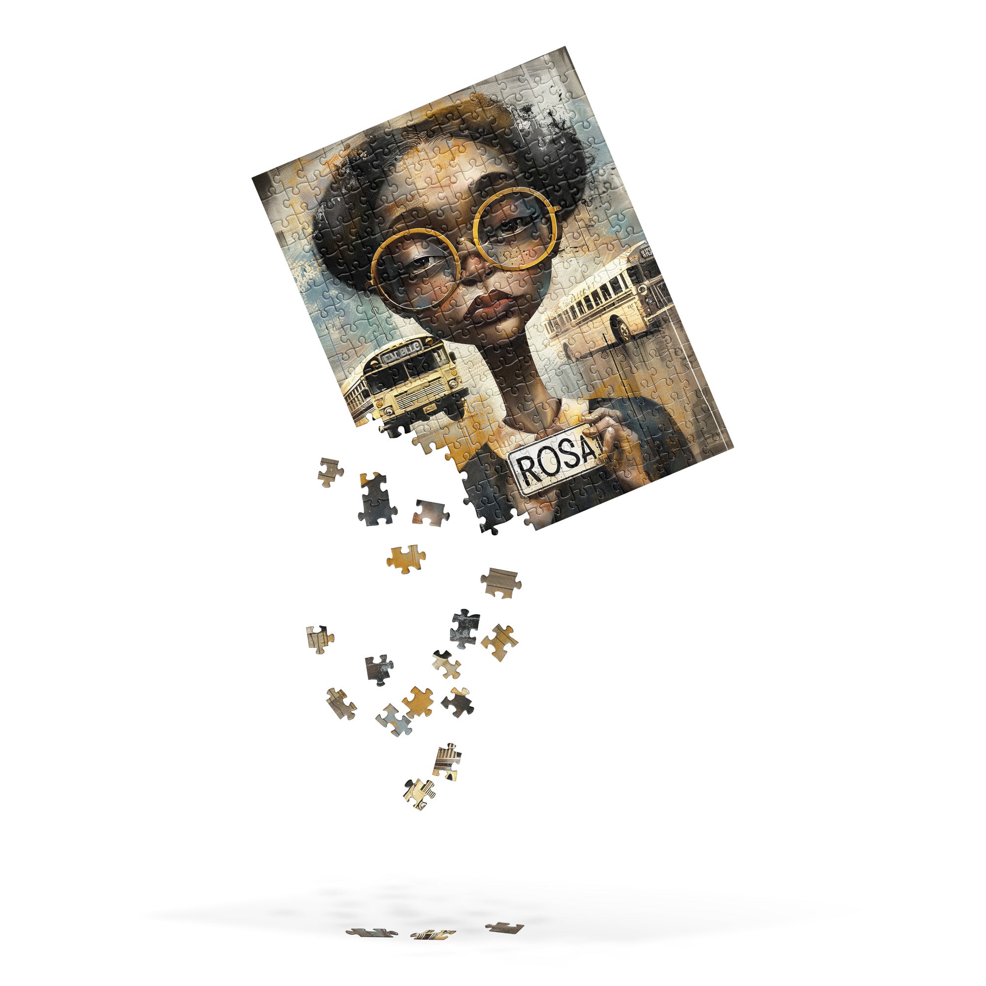 Rosa Parks Jigsaw Puzzle featuring Afrocentric artwork honoring the Civil Rights icon and the Montgomery Alabama Bus Boycott, ideal for art therapy or as an educational gift.