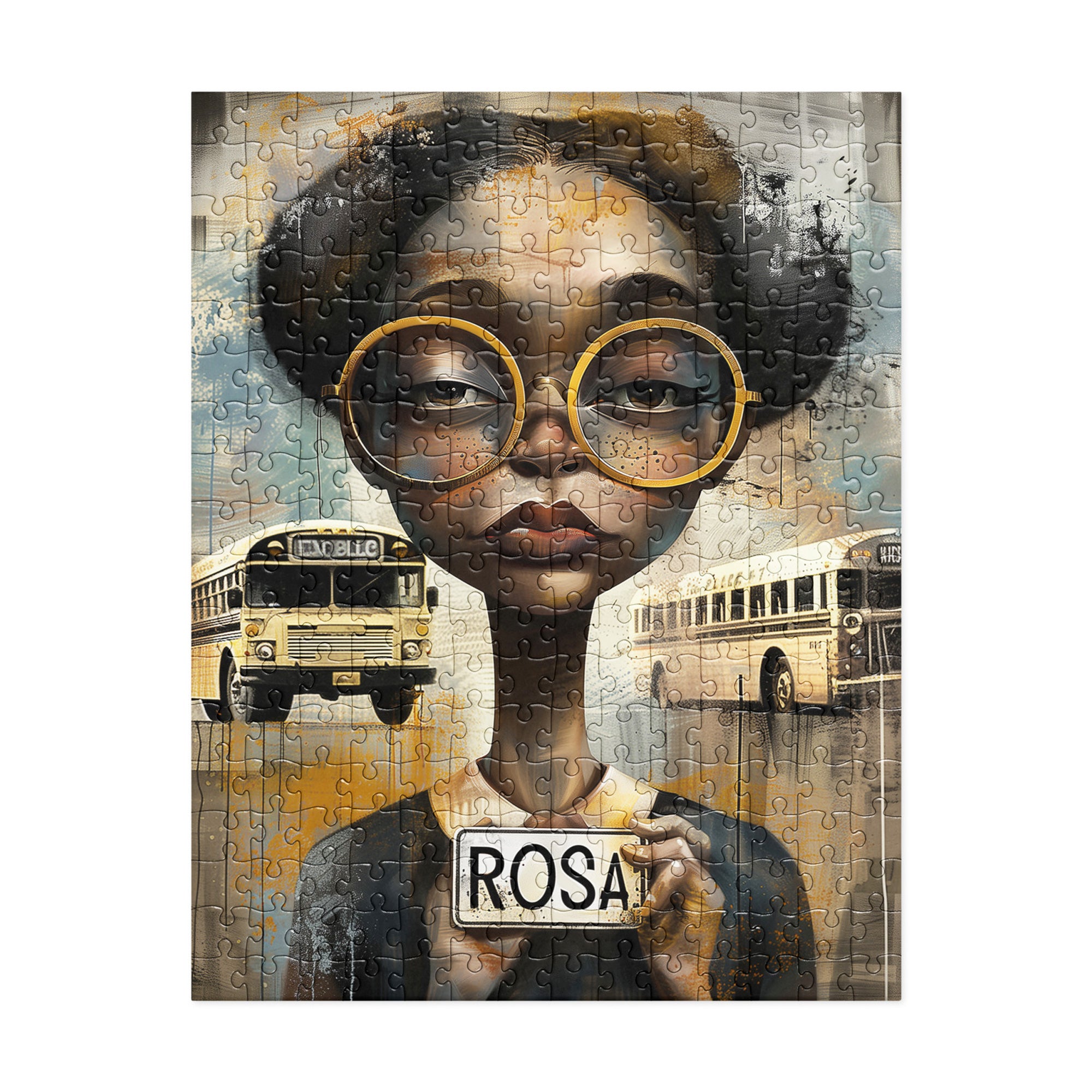 Rosa Parks Jigsaw Puzzle featuring Afrocentric artwork honoring the Civil Rights icon and the Montgomery Alabama Bus Boycott, ideal for art therapy or as an educational gift.