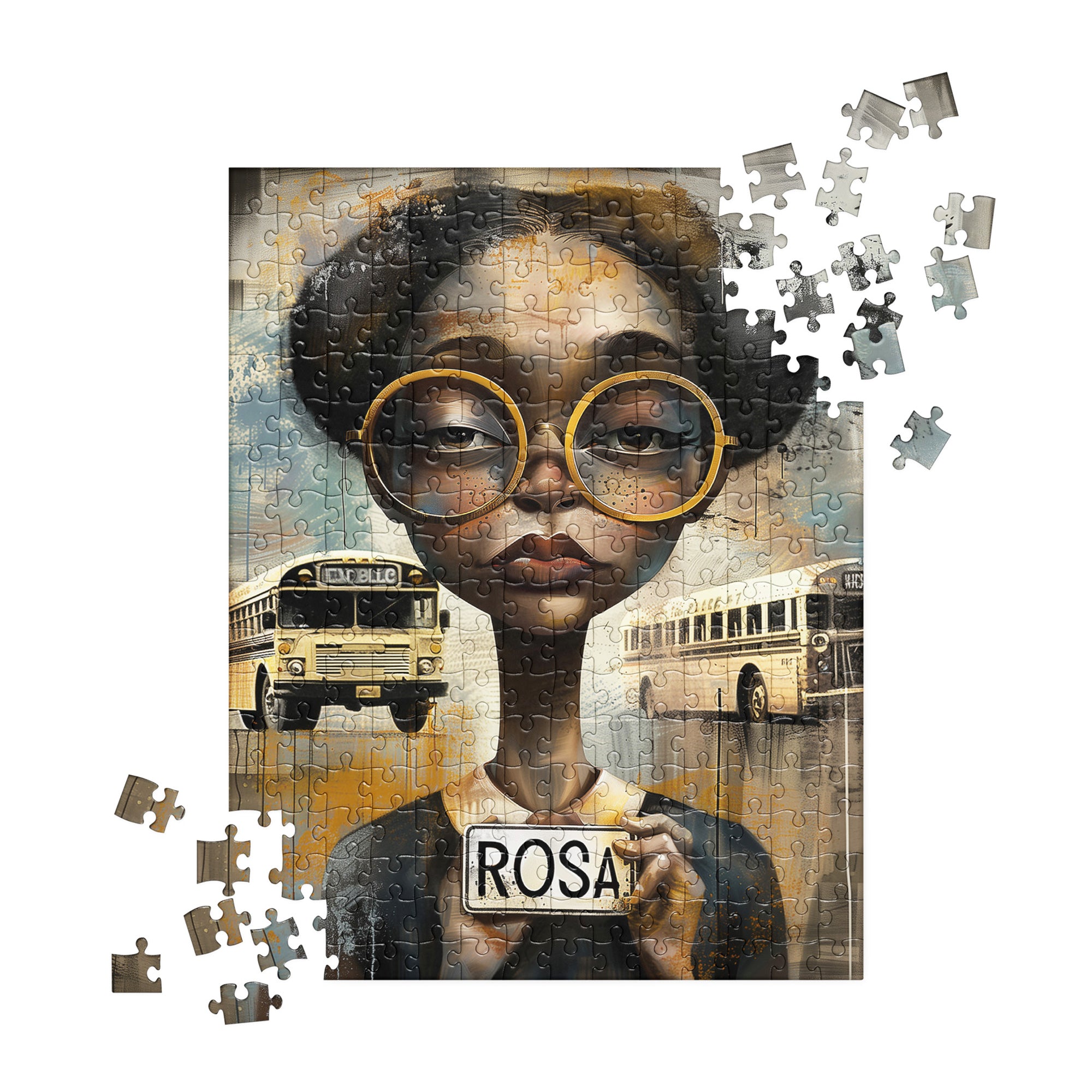 Rosa Parks Jigsaw Puzzle featuring Afrocentric artwork honoring the Civil Rights icon and the Montgomery Alabama Bus Boycott, ideal for art therapy or as an educational gift.