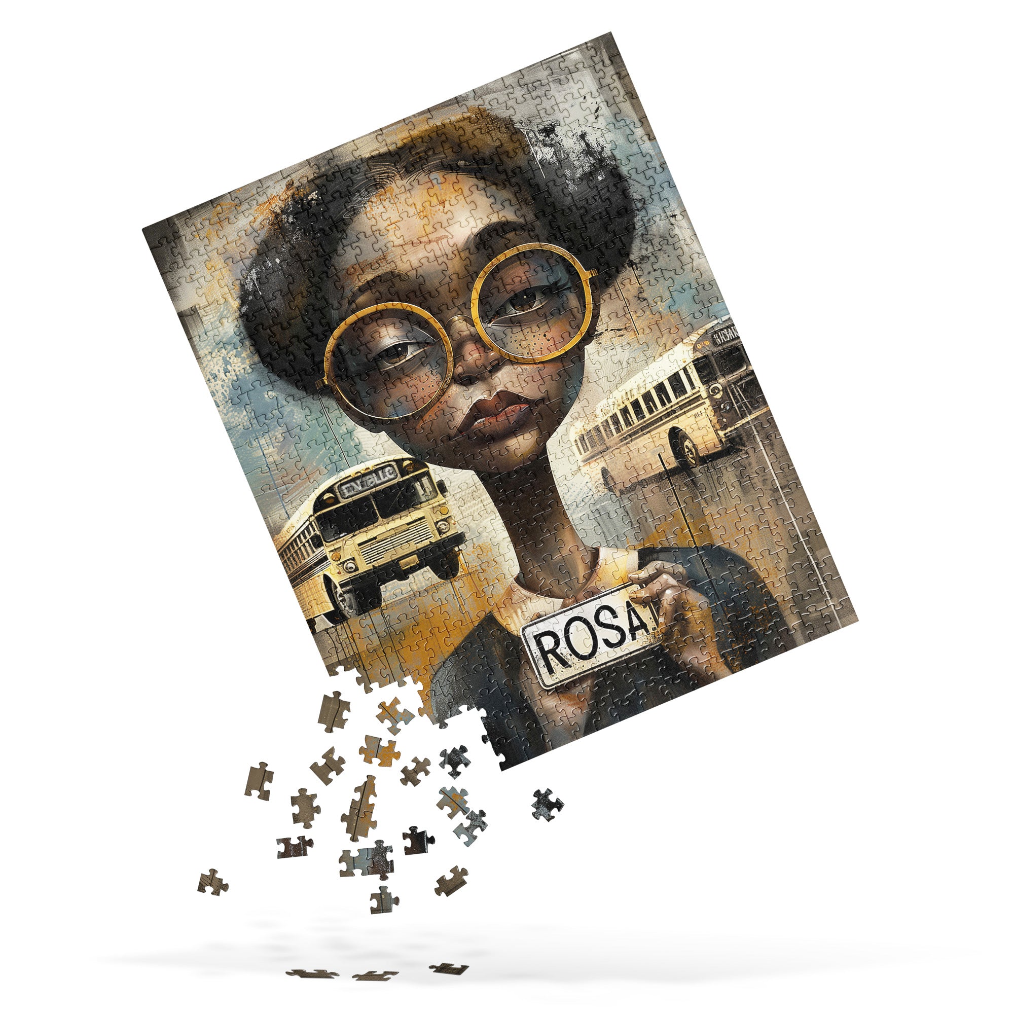 Rosa Parks Jigsaw Puzzle featuring Afrocentric artwork honoring the Civil Rights icon and the Montgomery Alabama Bus Boycott, ideal for art therapy or as an educational gift.