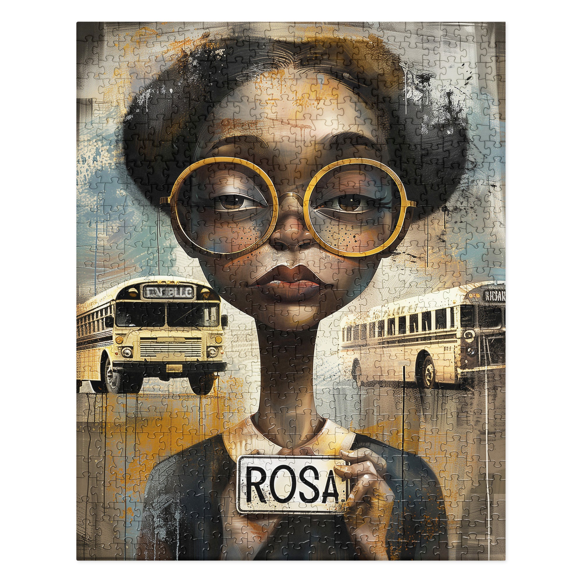 Rosa Parks Jigsaw Puzzle featuring Afrocentric artwork honoring the Civil Rights icon and the Montgomery Alabama Bus Boycott, ideal for art therapy or as an educational gift.