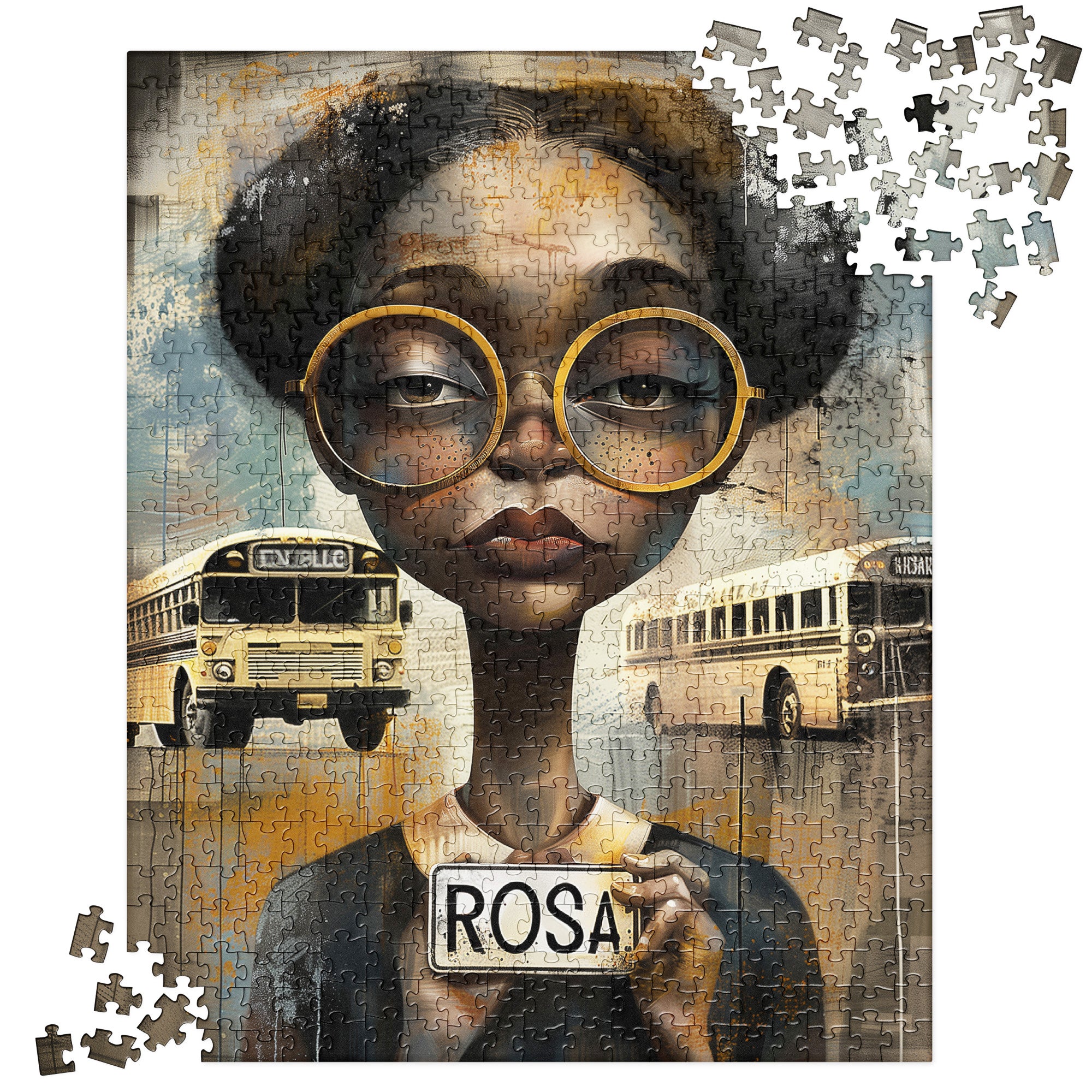 Rosa Parks Jigsaw Puzzle featuring Afrocentric artwork honoring the Civil Rights icon and the Montgomery Alabama Bus Boycott, ideal for art therapy or as an educational gift.
