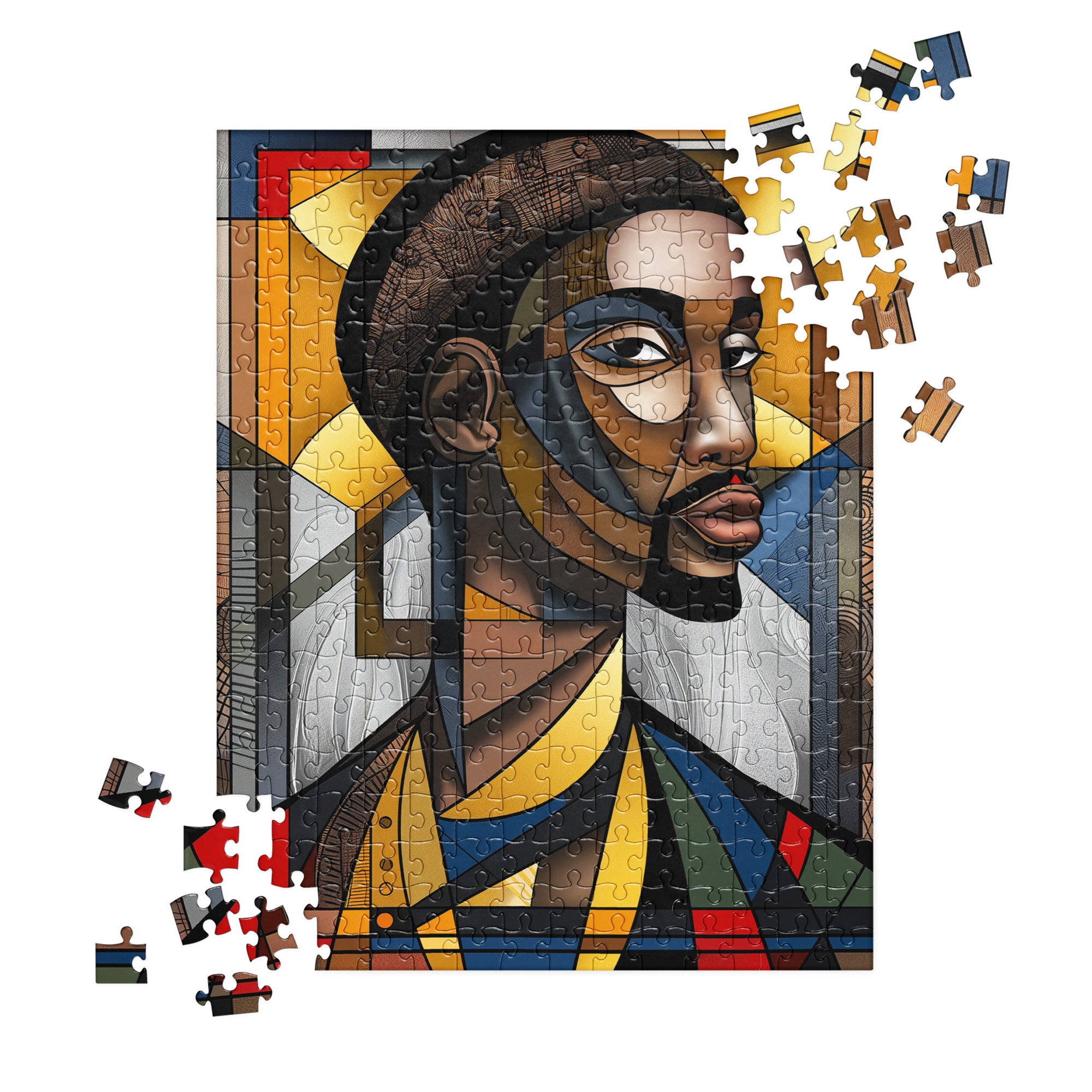 Black Saint Jigsaw Puzzle featuring an Afrocentric abstract mosaic of Black Jesus. A powerful and artistic tribute to Black spirituality, culture, and faith, perfect for art therapy and meaningful gifting.