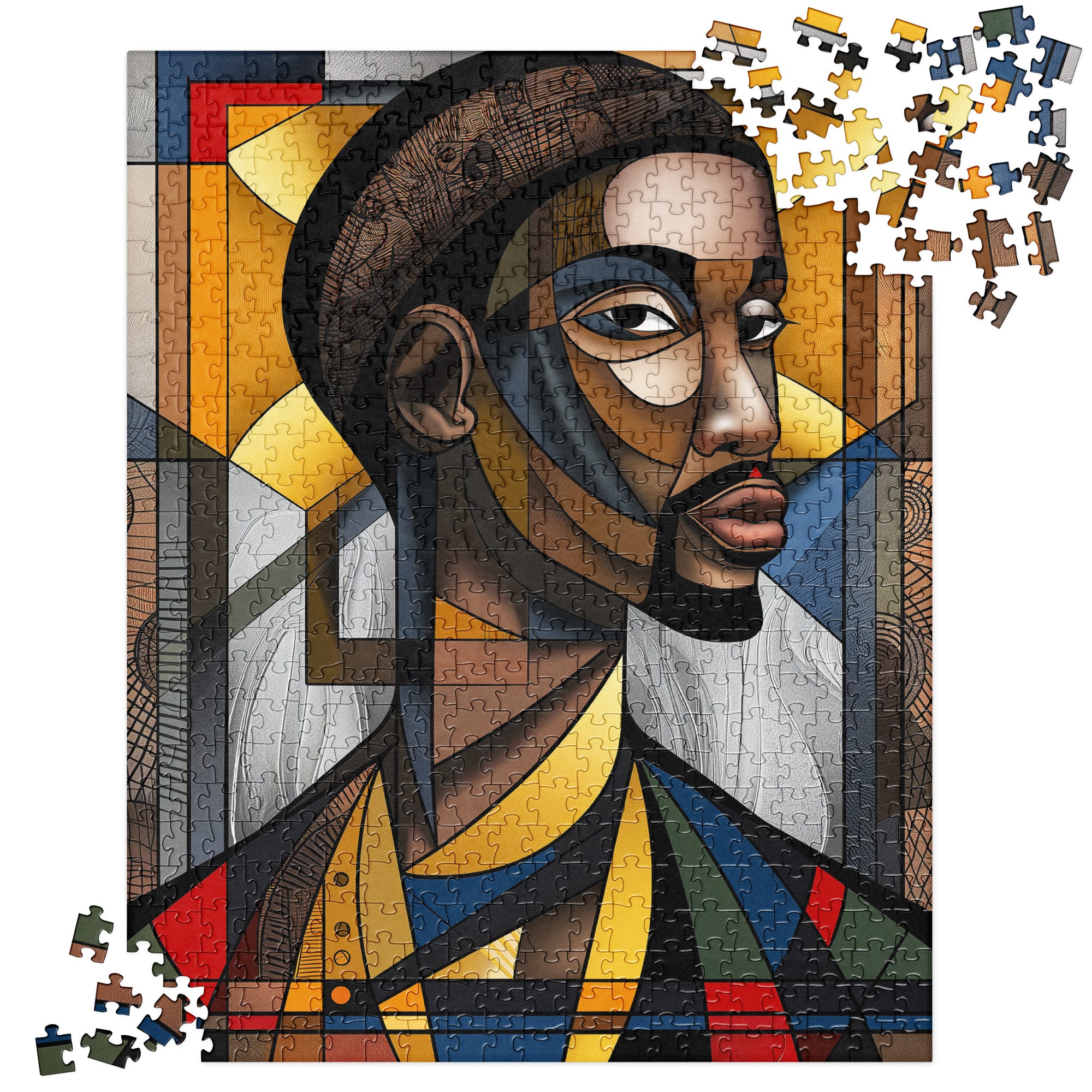 Black Saint Jigsaw Puzzle featuring an Afrocentric abstract mosaic of Black Jesus. A powerful and artistic tribute to Black spirituality, culture, and faith, perfect for art therapy and meaningful gifting.