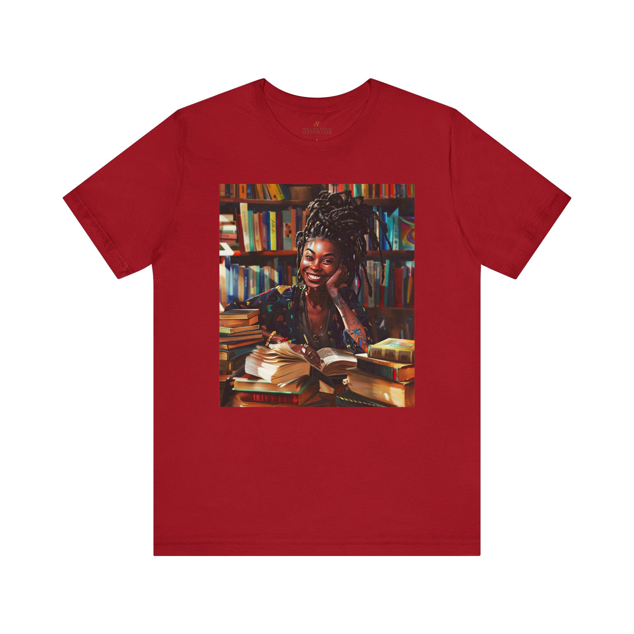 Black Girl Student Tee featuring a happy Black girl with dreadlocks studying in a library, surrounded by books. A stylish and empowering shirt celebrating Black college students and education.