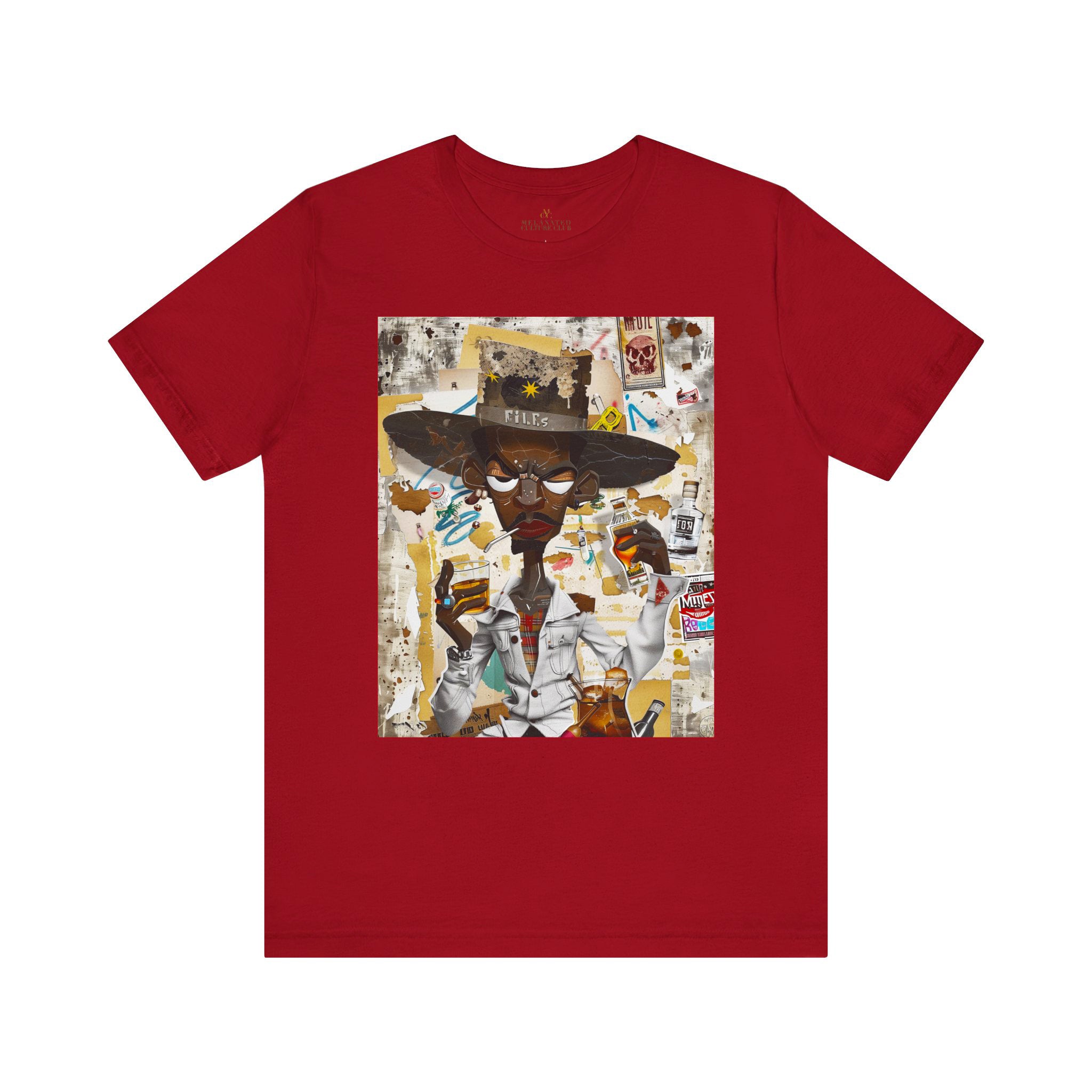 Cowboy Tee featuring a cartoon-style African American cowboy smoking a cigarette and drinking whiskey. A bold, graffiti collage pop art design with an edgy Western and Afrocentric cultural vibe.