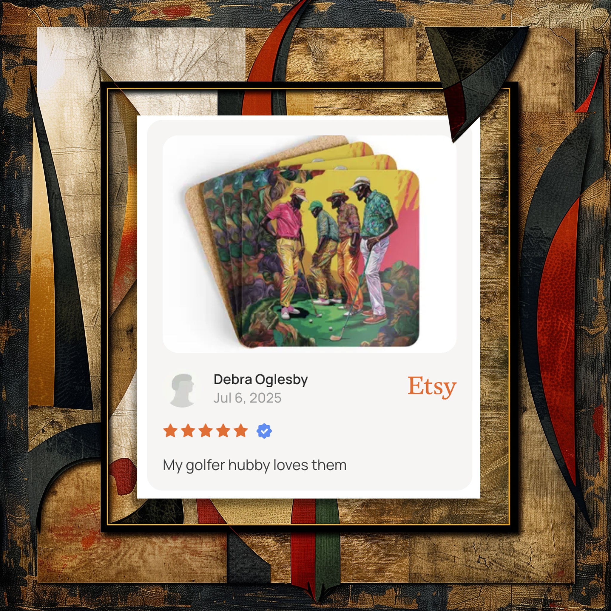 Customer Review of Black Men Playing Golf Drink Coasters – Set of 4 featuring stylish African American male golfers in action on the course, perfect gift for golf lovers and golf-themed housewarming decor.