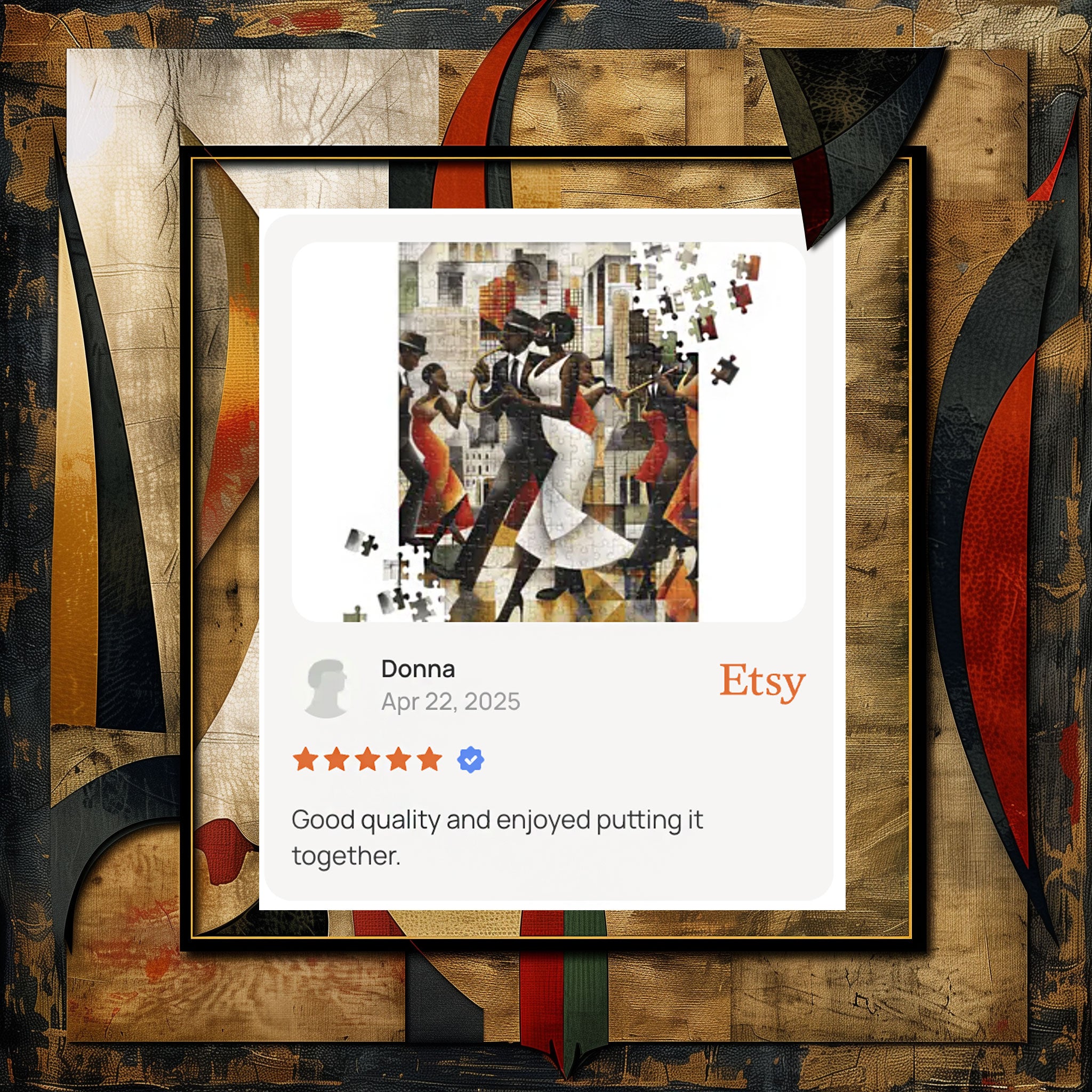 Customer Review - Harlem Jazz Musicians and Dancers Jigsaw Puzzle featuring vibrant retro-inspired artwork of African American musicians and dancers celebrating the Harlem Renaissance.