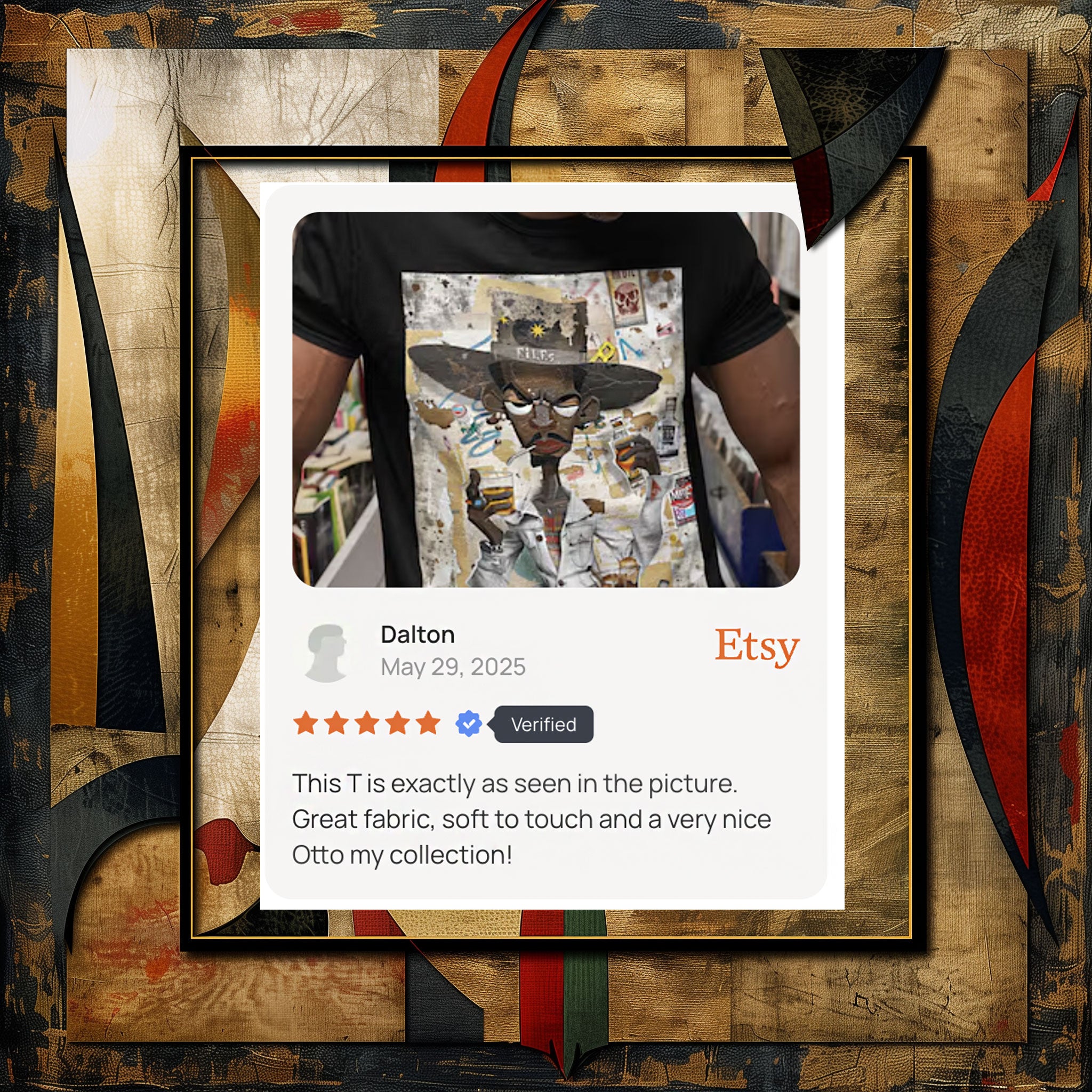 Customer Review - Cowboy Tee featuring a cartoon-style African American cowboy smoking a cigarette and drinking whiskey. A bold, graffiti collage pop art design with an edgy Western and Afrocentric cultural vibe.