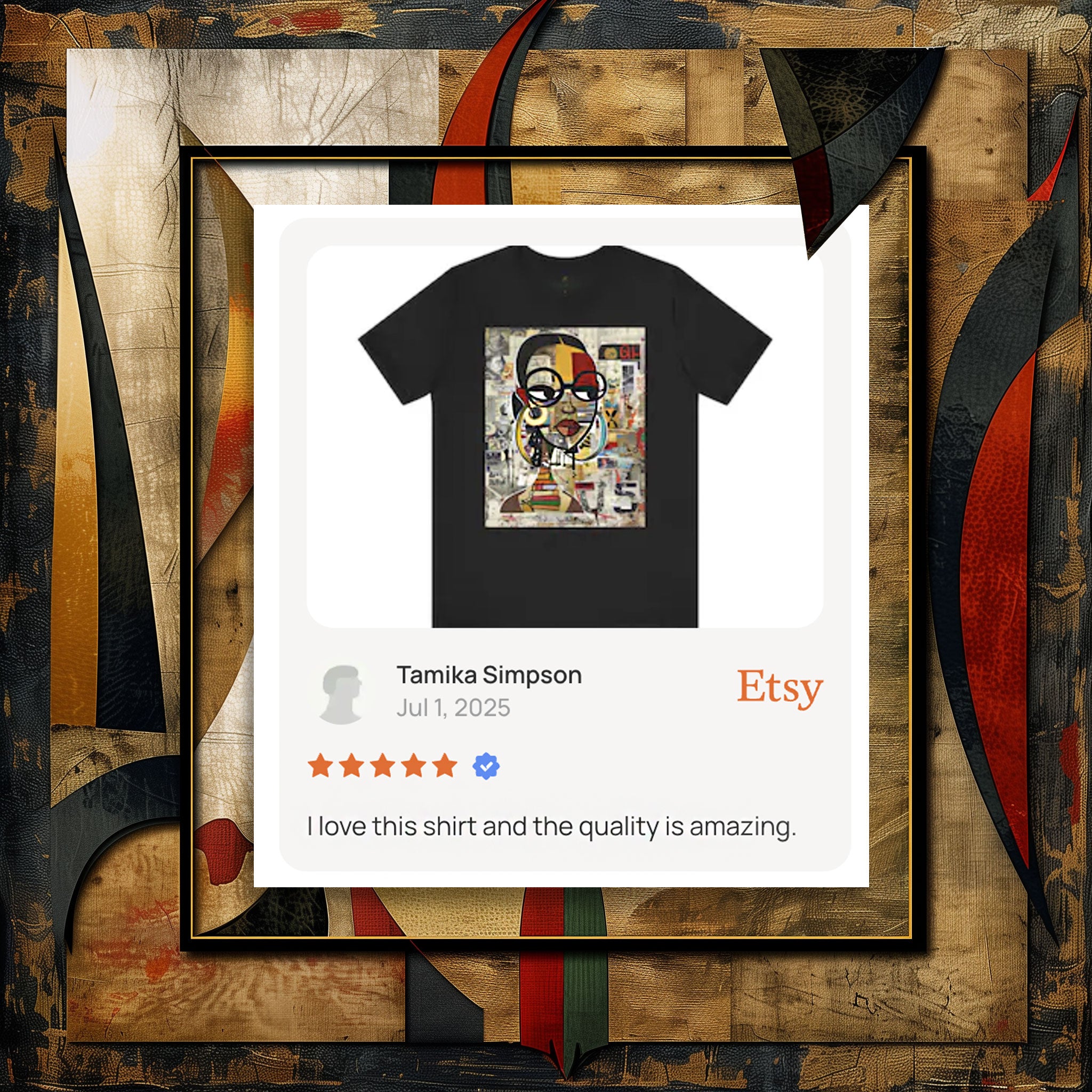 Customer Review - Boss Babe graphic tee featuring an abstract cartoon-style Black woman with large round black eyeglasses. The design has a vibrant, graffiti-inspired aesthetic that celebrates African American beauty, confidence, and urban art style.