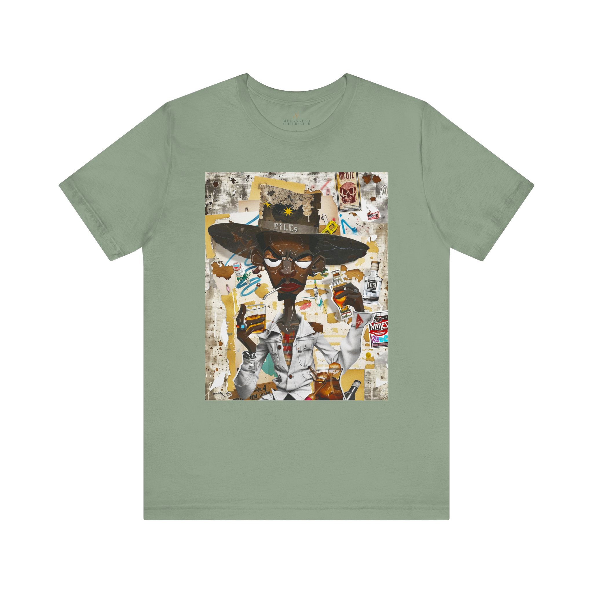 Cowboy Tee featuring a cartoon-style African American cowboy smoking a cigarette and drinking whiskey. A bold, graffiti collage pop art design with an edgy Western and Afrocentric cultural vibe.