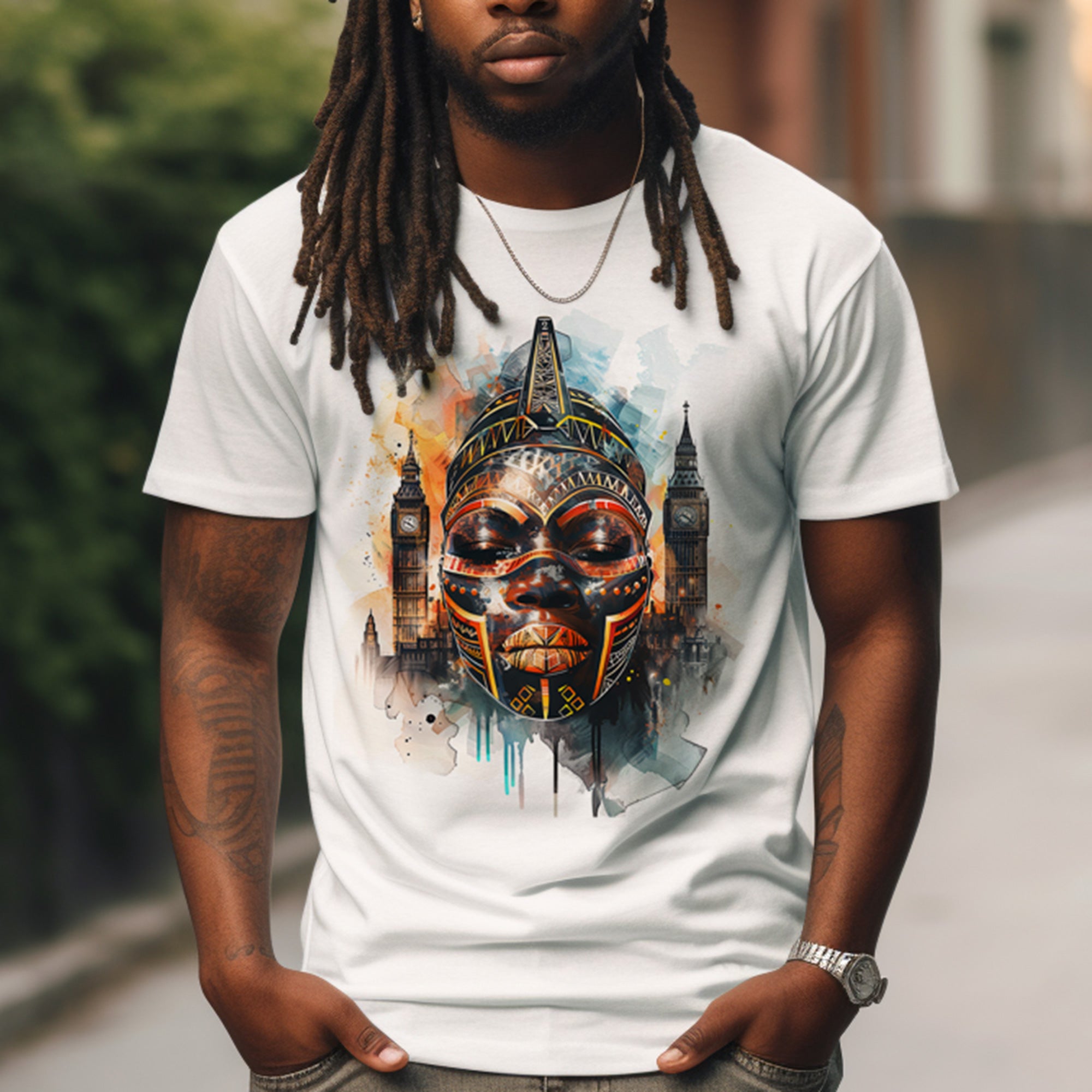 London Abstract African Mask Tee Shirt in white.