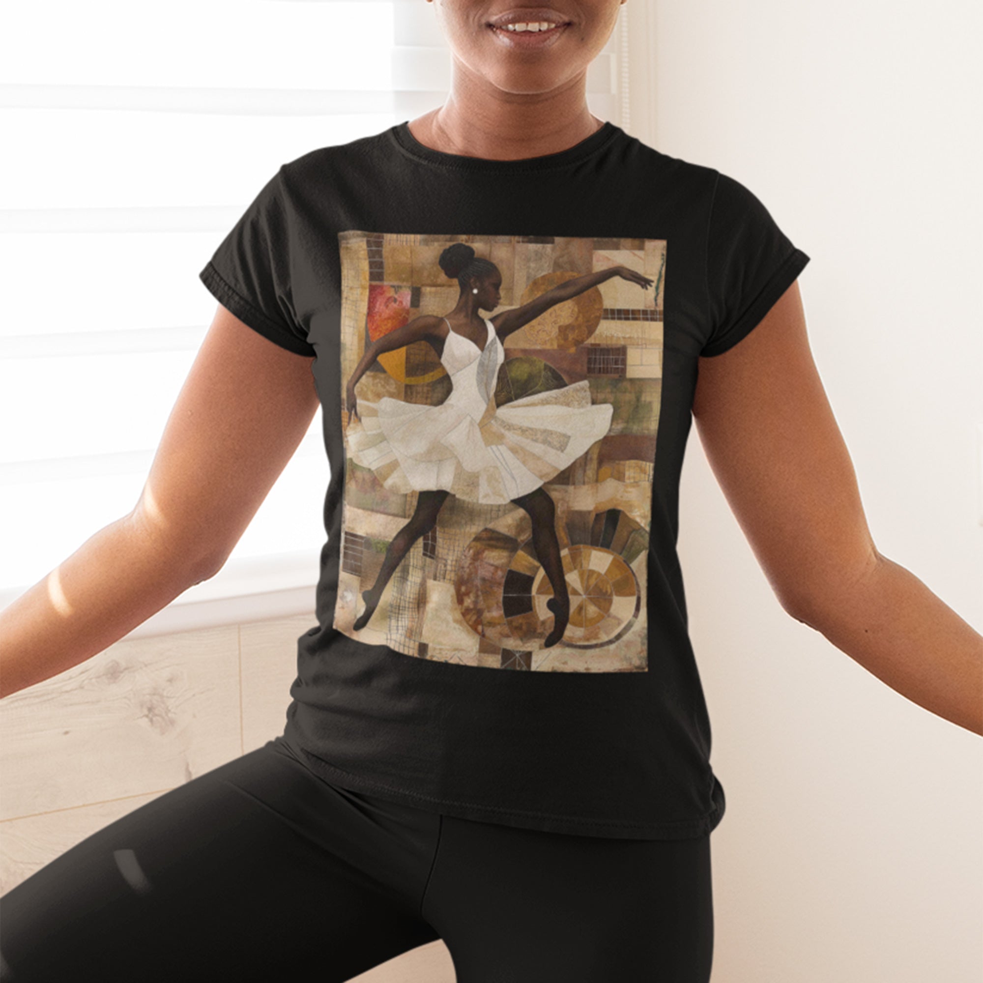 Black Ballerina T-Shirt featuring an African American ballet dancer, brown skin girl in elegant pose, perfect for ballet students and dance teachers.