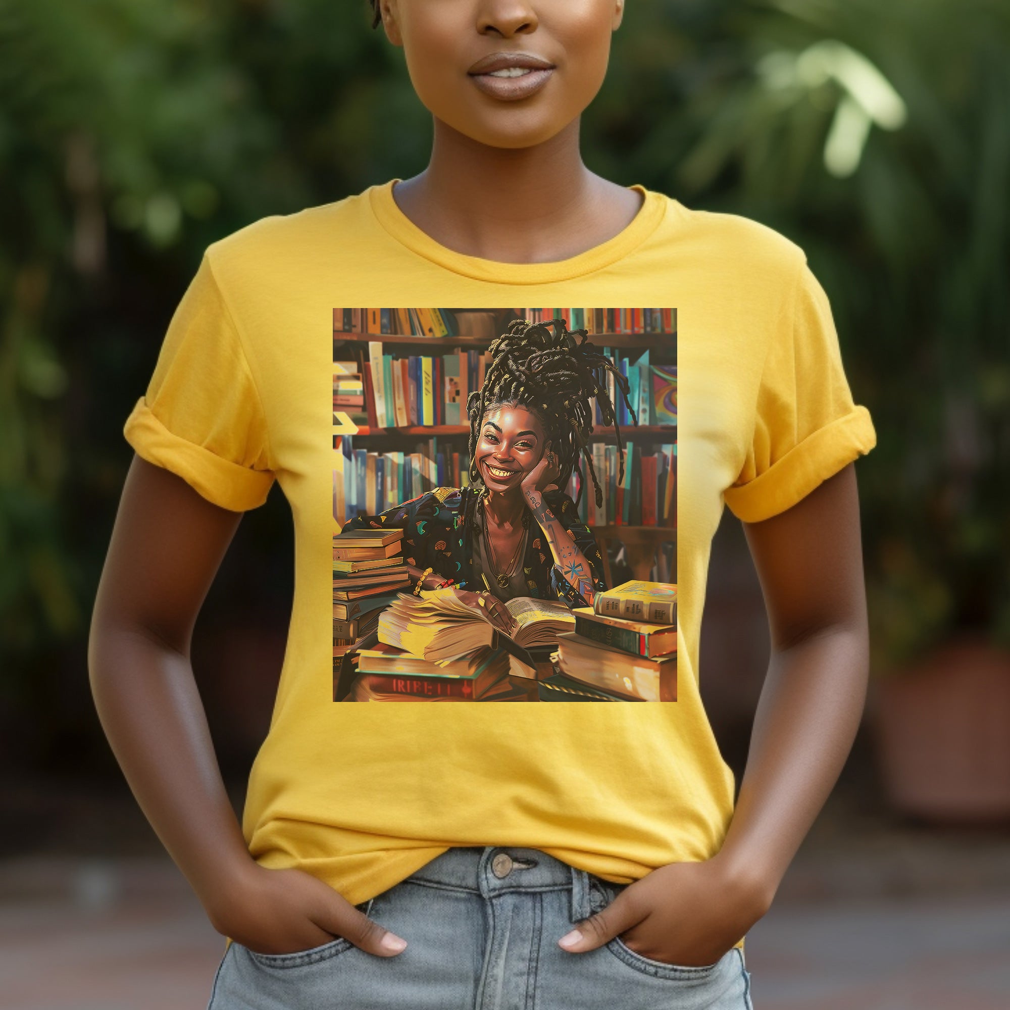 Girl Student Tee featuring a happy Black girl with dreadlocks studying in a library, surrounded by books. A stylish and empowering shirt celebrating Black college students and education.