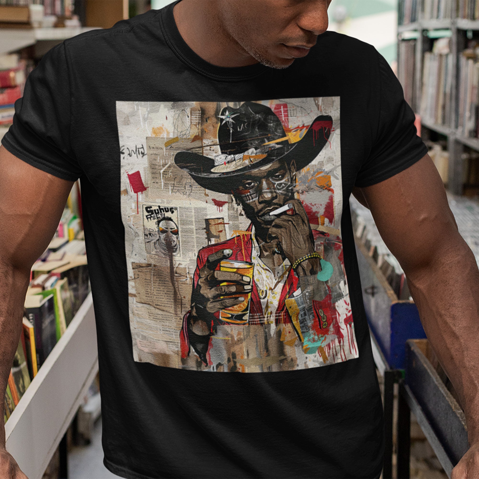 Black Cowboy Tee featuring an edgy African American cowboy with a challenging gaze, smoking a cigarette and drinking whiskey. A pop art, graffiti-inspired collage blending Western grit with urban street style.